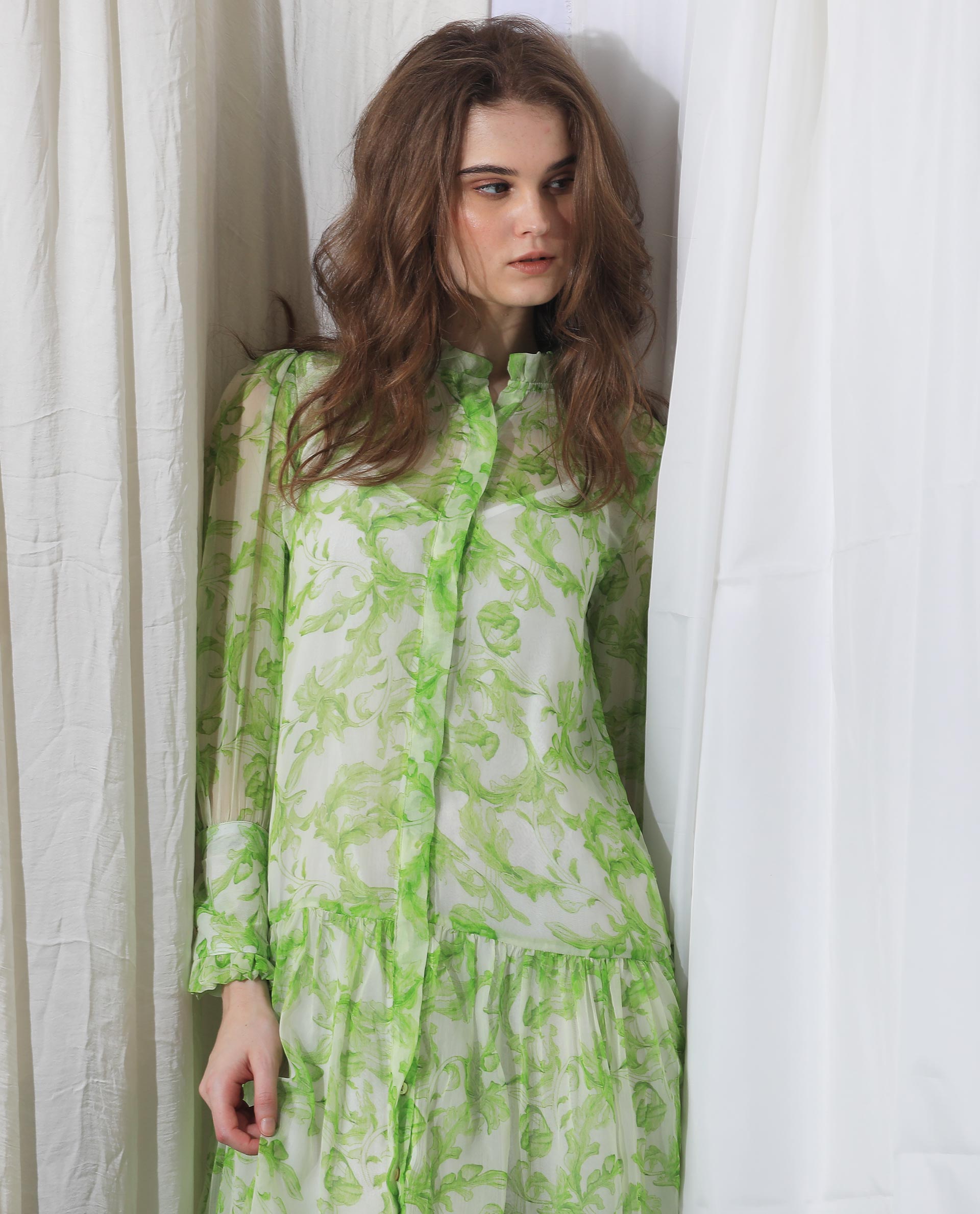 Rareism Women's Quin Green Polyester Fabric Ruffled Neck Button Closure Ruffled Sleeve Floral Print  Knee Length Dress