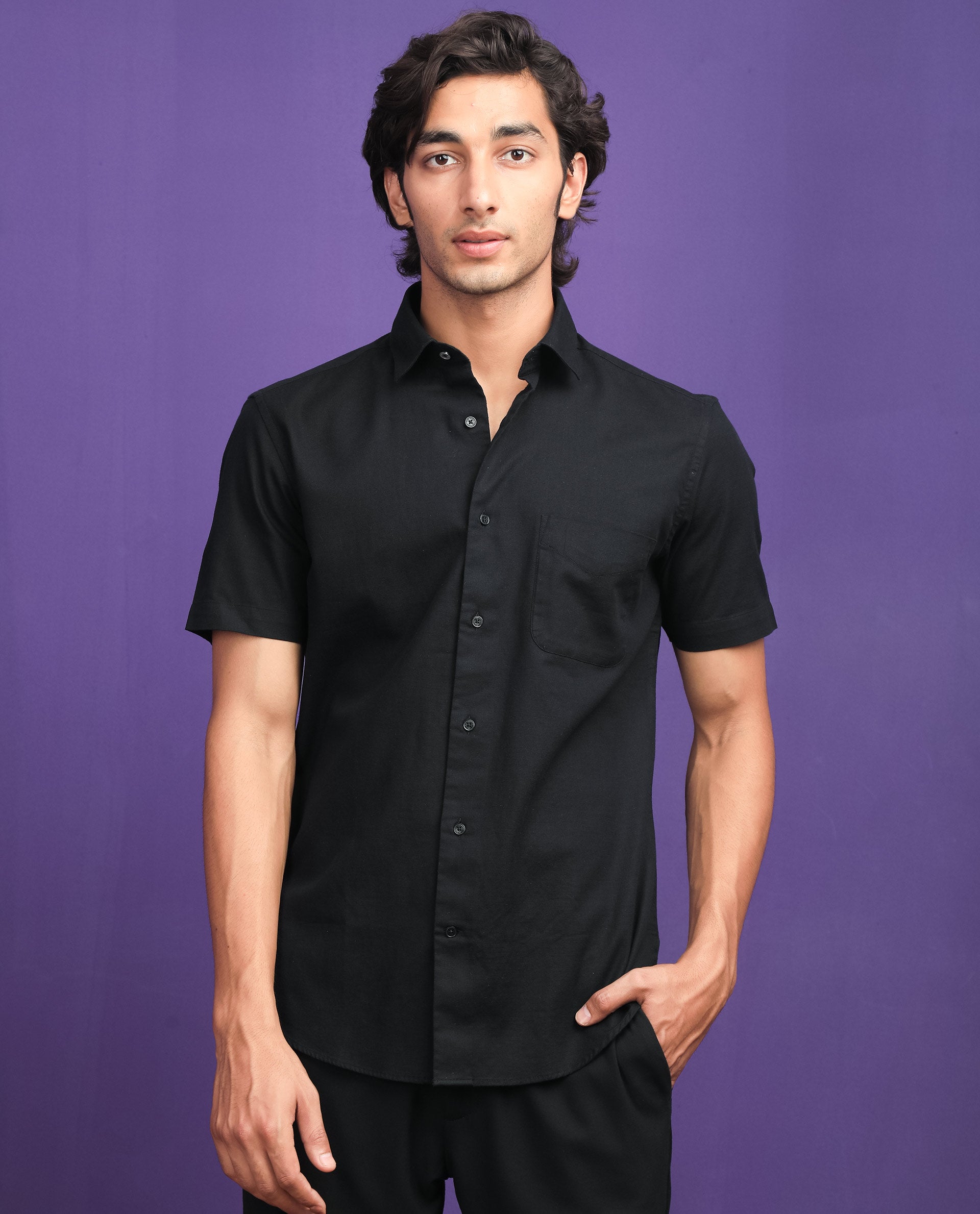 Rare Rabbit Men'S Darwin Black Shirt Cotton Fabric Short Sleeves Slim Fit