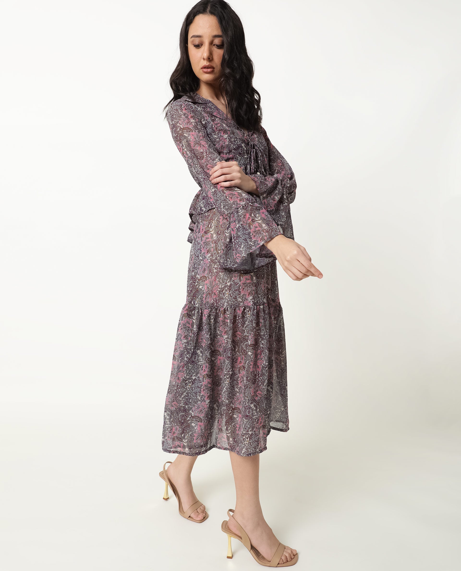 Rareism Women Hilda Pink Abstract Print V Neck Double Spaghetti Straps Tiered Midi Dress