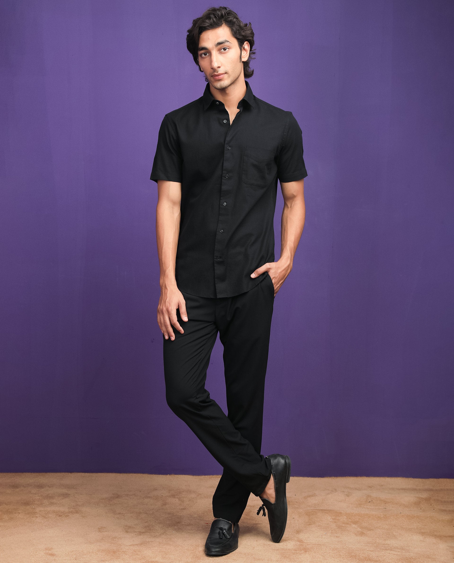 Rare Rabbit Men'S Darwin Black Shirt Cotton Fabric Short Sleeves Slim Fit