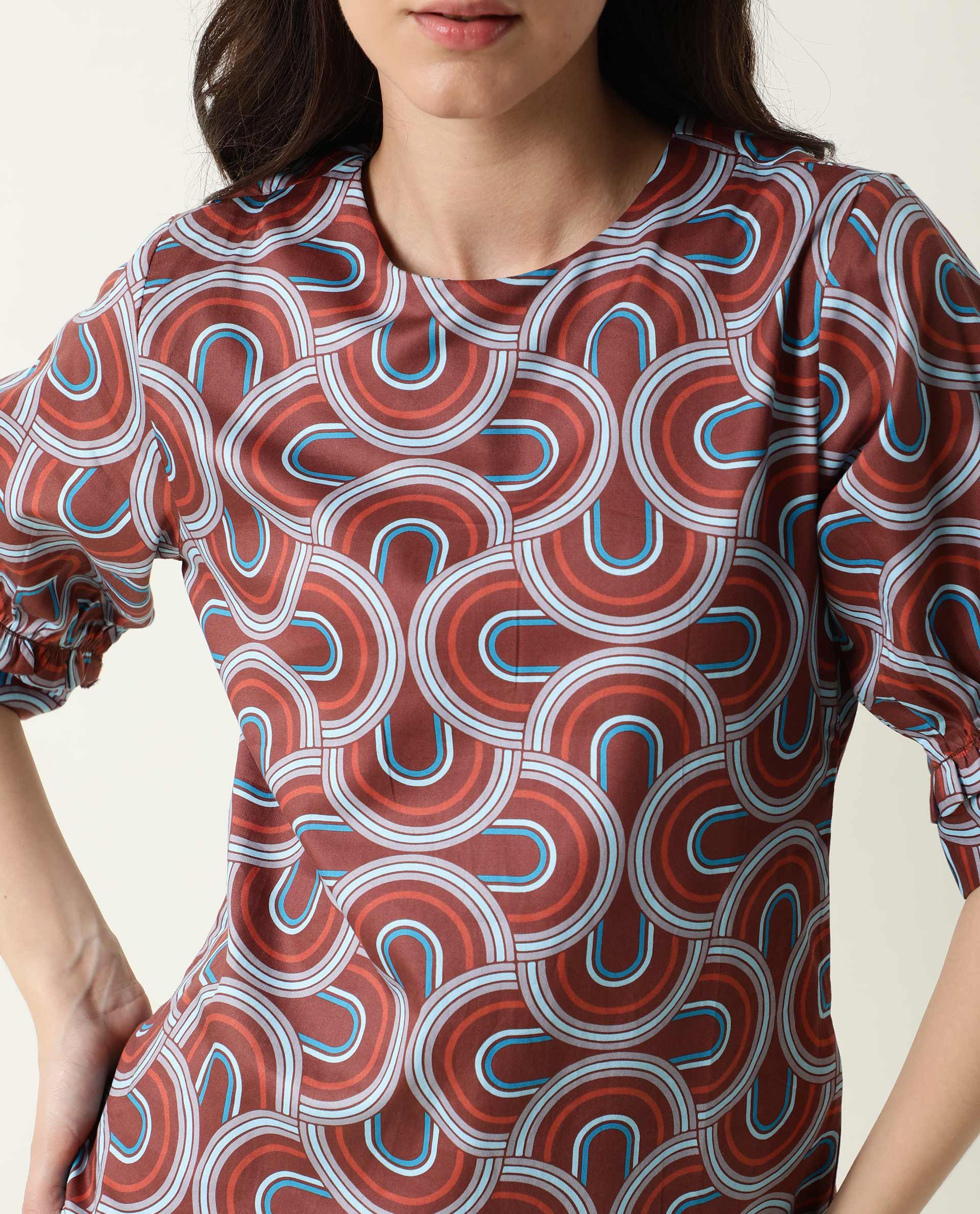 Rareism Women Jimmi Brown Cotton Fabric Regular Fit Round Neck Half Sleeves Print Top