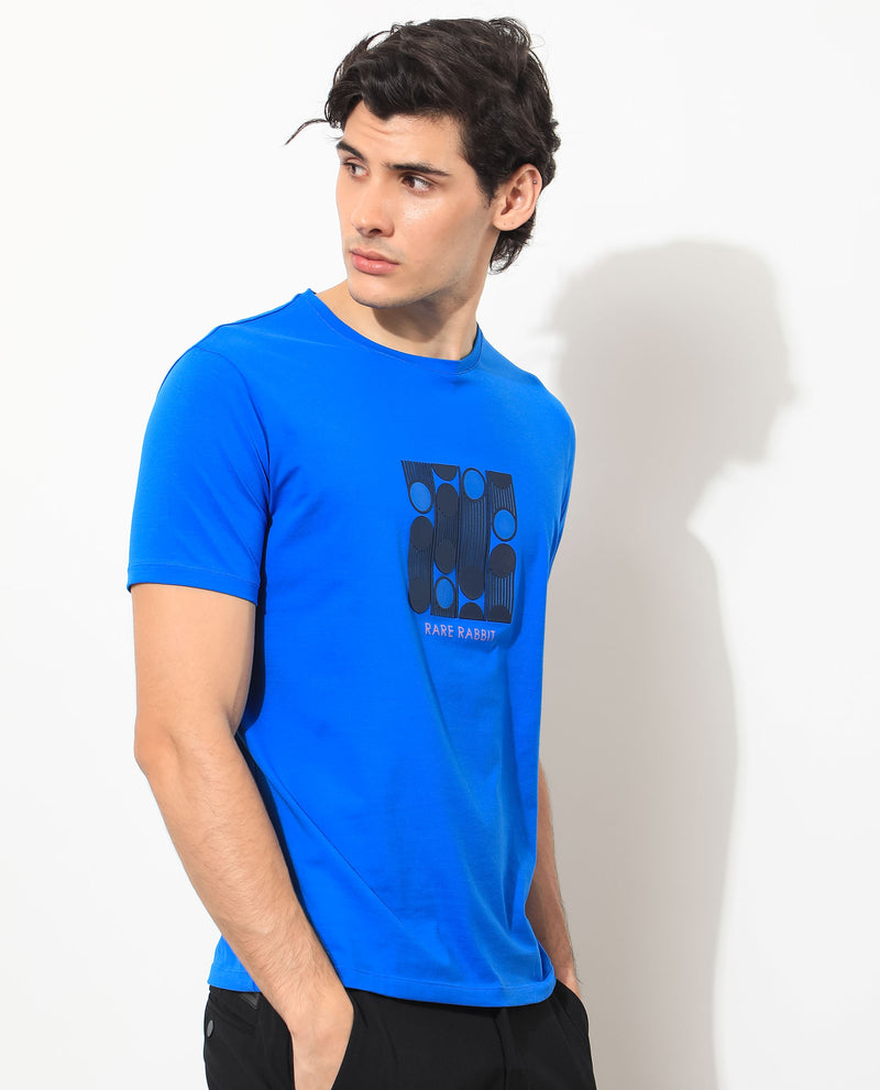 Rare Rabbit Men's Forest Blue Crew Neck Graphic Printed Half Sleeves Slim Fit T-Shirt
