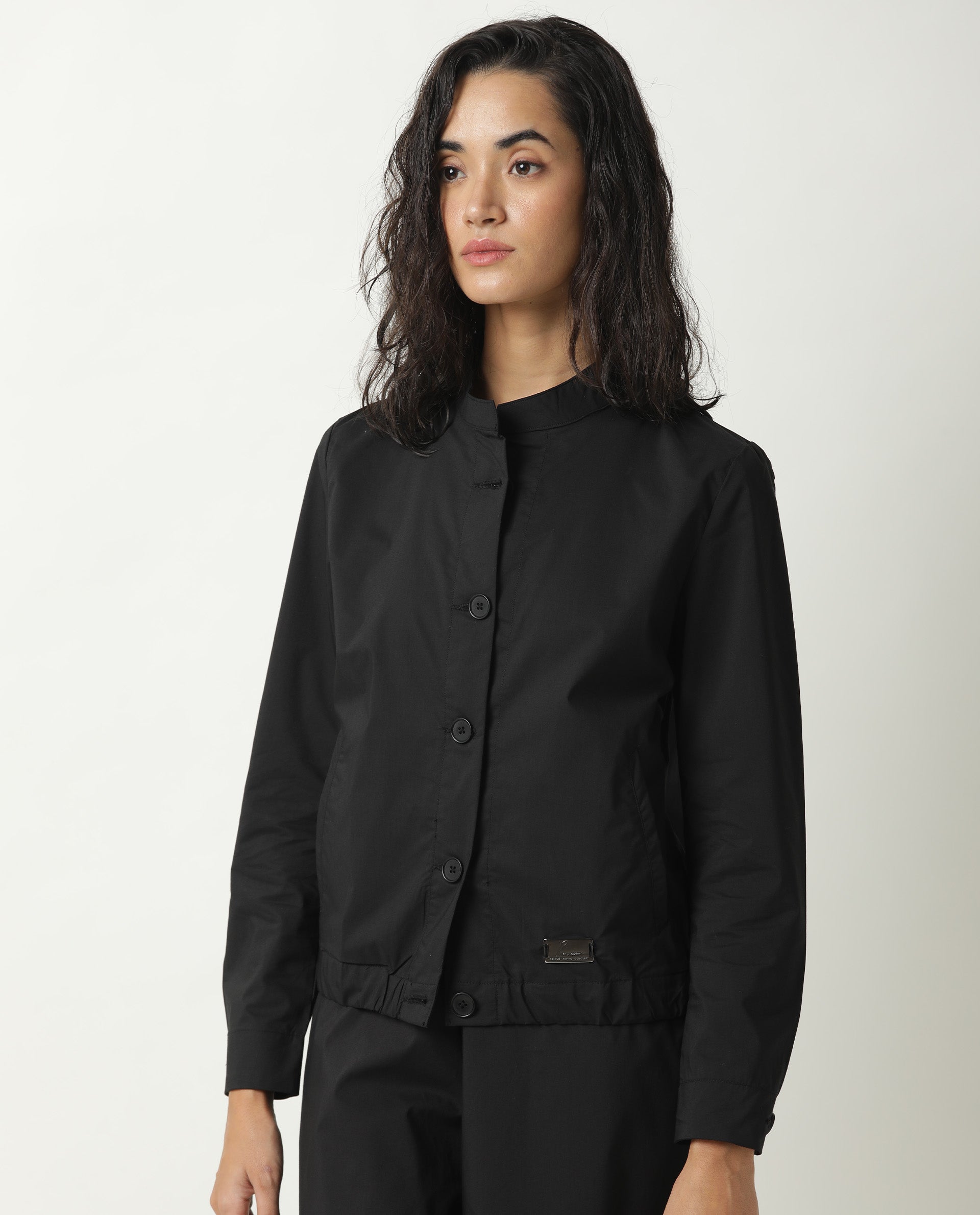 Rareism Women Aomori Black Poly Lycra Fabric Full Sleeves Solid Mandarin Collar Jacket