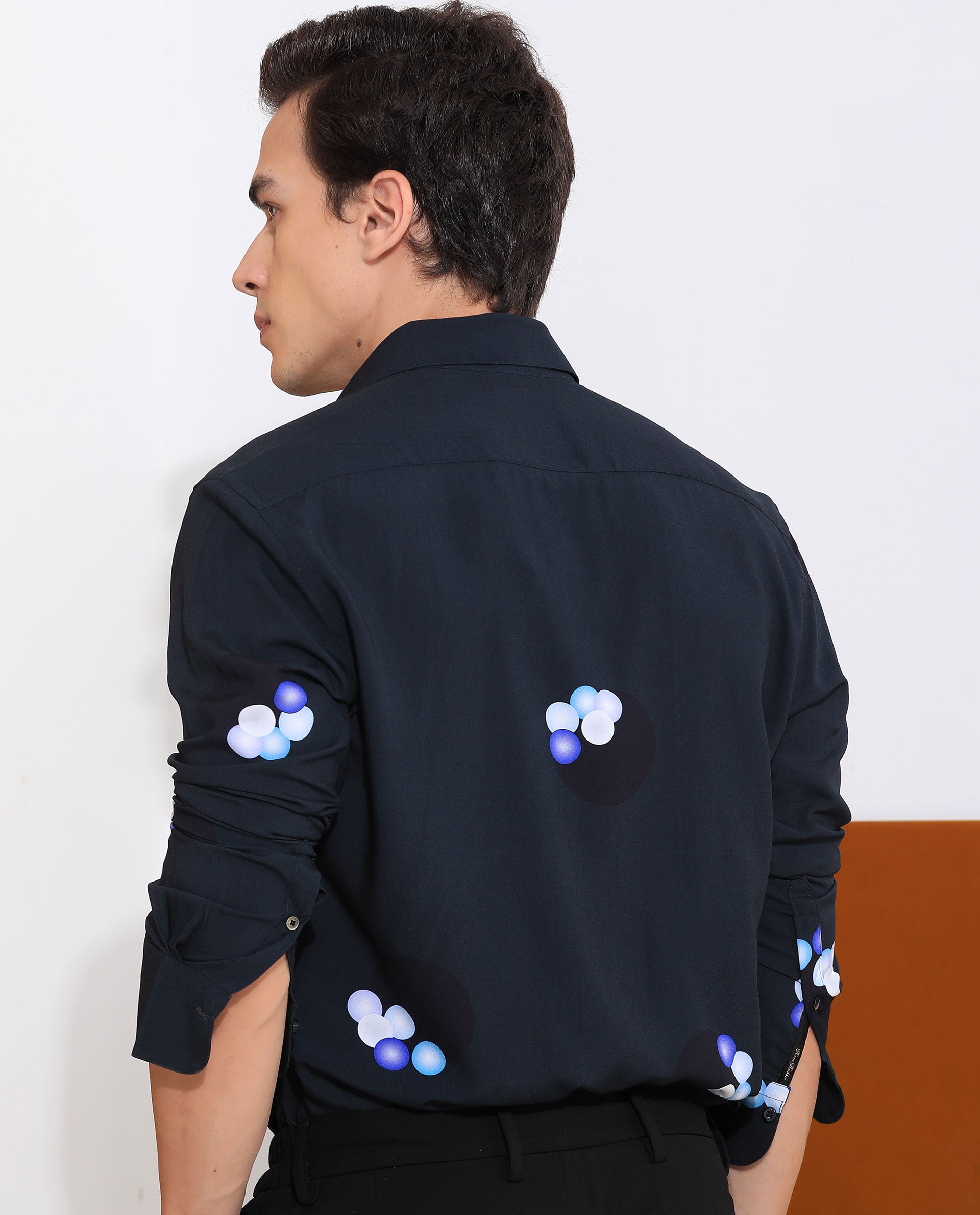 Rare Rabbit Men's Amber Dark Petrol Viscose Fabric Abstract Print Full Sleeves Shirt
