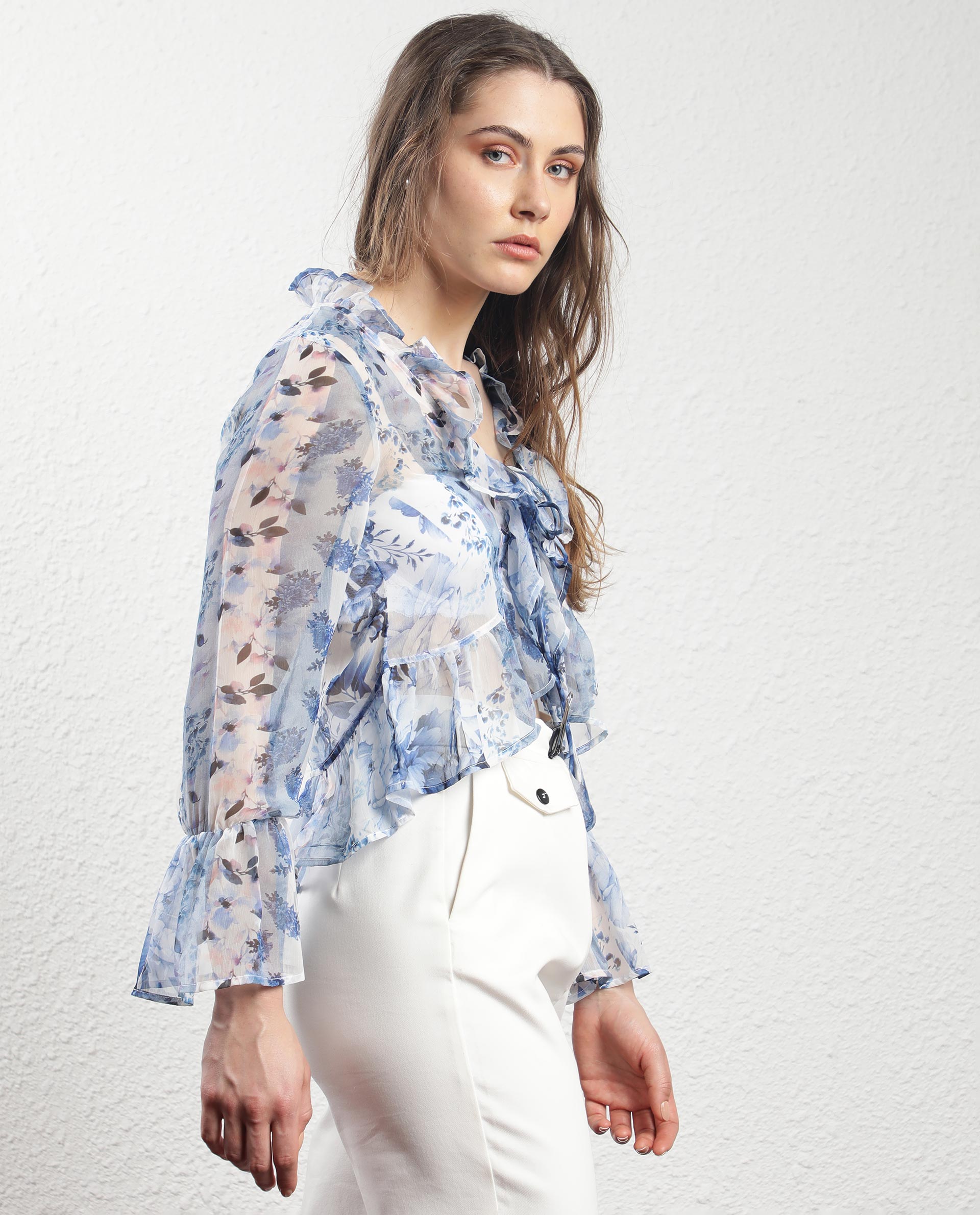 Rareism Women Julieta Light Blue Polyester Fabric Full Sleeves Drawstring Closure V-Neck Bell Sleeve Regular Fit Abstract Print Shrug