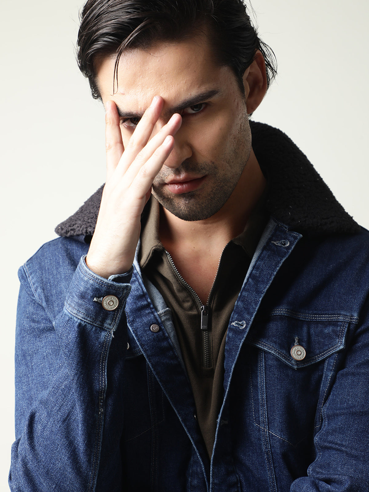 Rare Rabbit Men's Rubix Blue Fleece Collar Dark Wash Denim Jacket