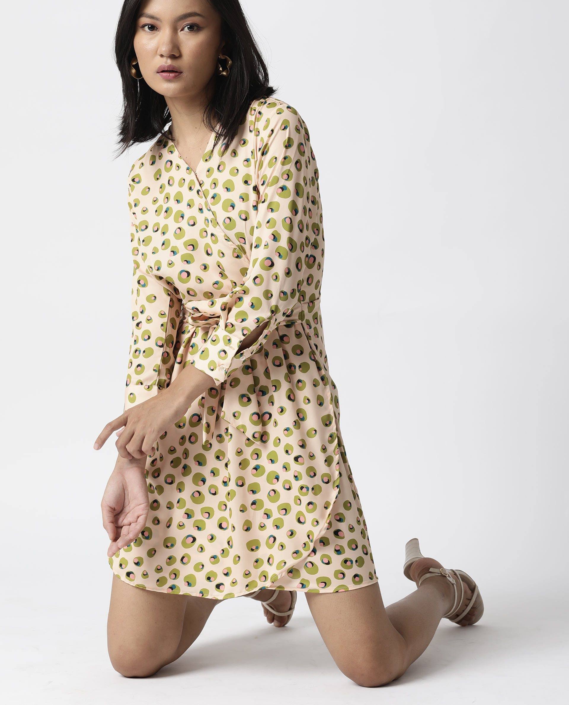 Rareism Women Perk Peach Printed V Wrap Neck Full Sleeves With Cuff And Fabric Waist Belt Mini Dress