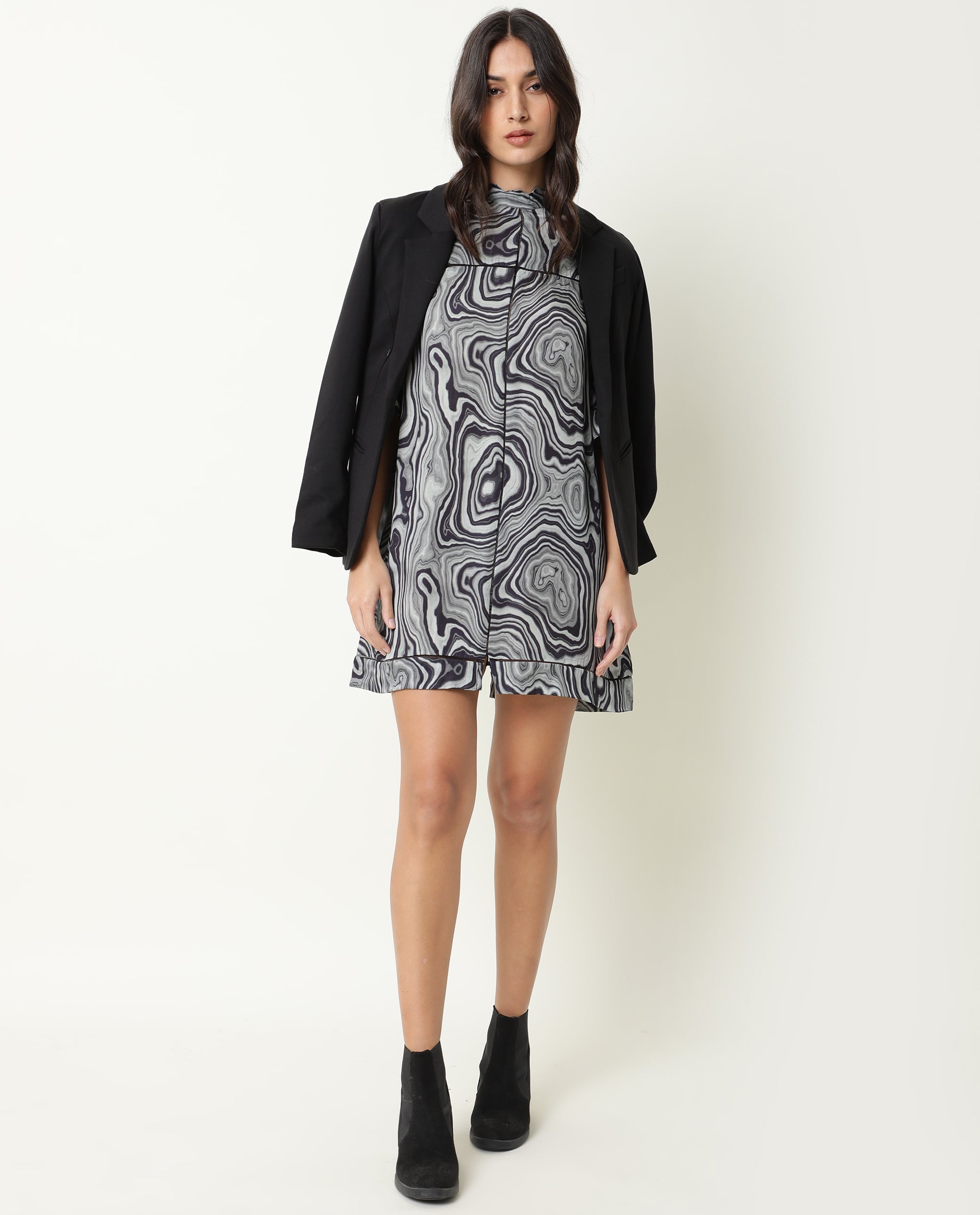 Rareism Women Favor Black Abstract Print High Neck Half Sleeves Mini Dress