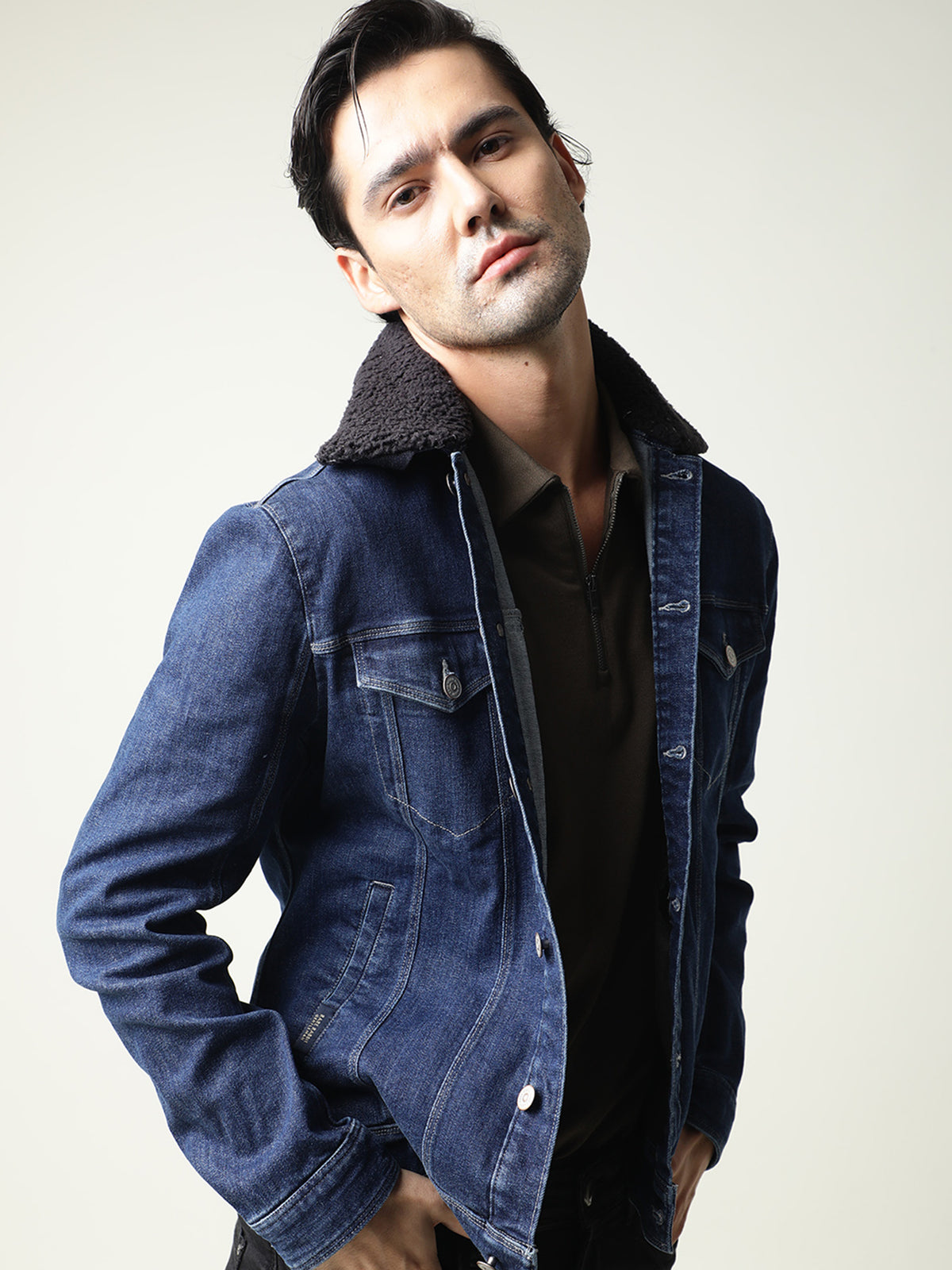 Rare Rabbit Men's Rubix Blue Fleece Collar Dark Wash Denim Jacket