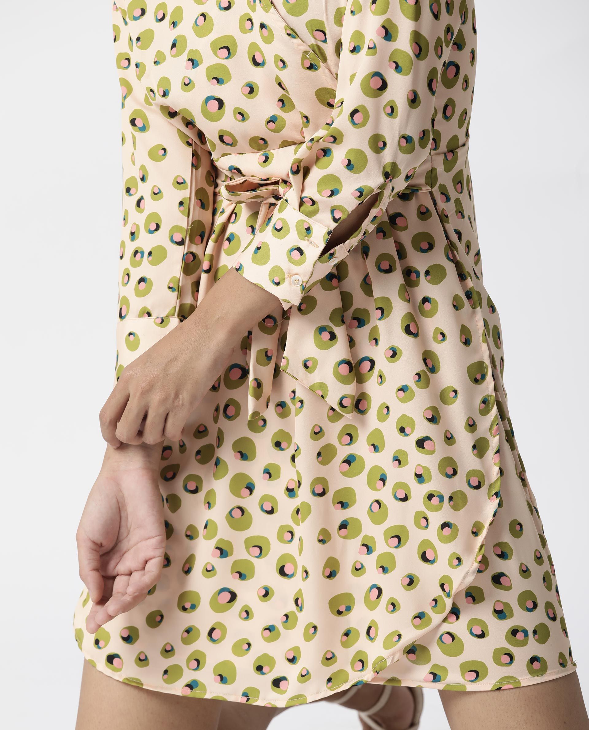 Rareism Women Perk Peach Printed V Wrap Neck Full Sleeves With Cuff And Fabric Waist Belt Mini Dress