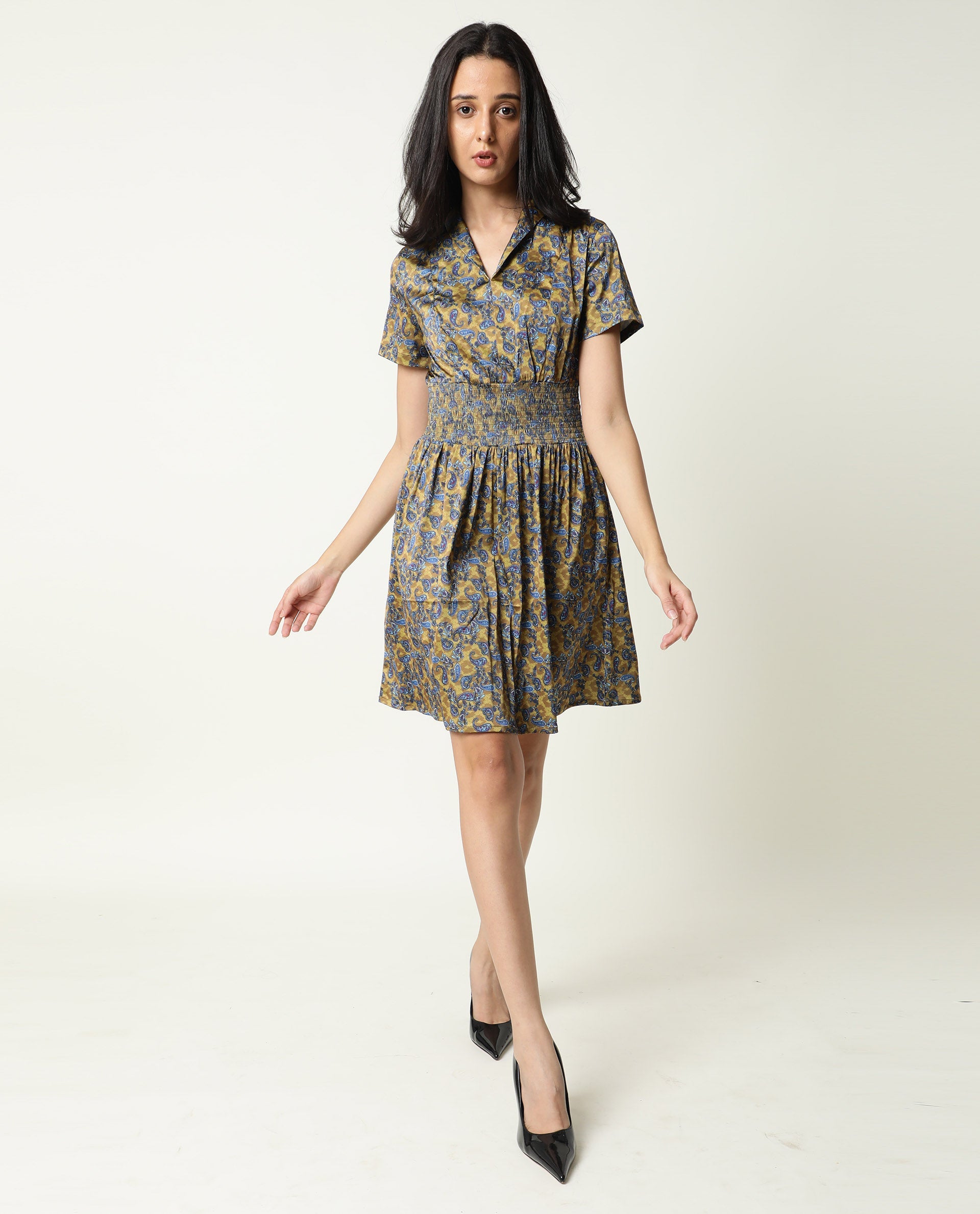 Rareism Women Joss Light Olive Paisley Print Overlap Lapel Collar Short Sleeves Smocked Elastic Waist Mini Dress