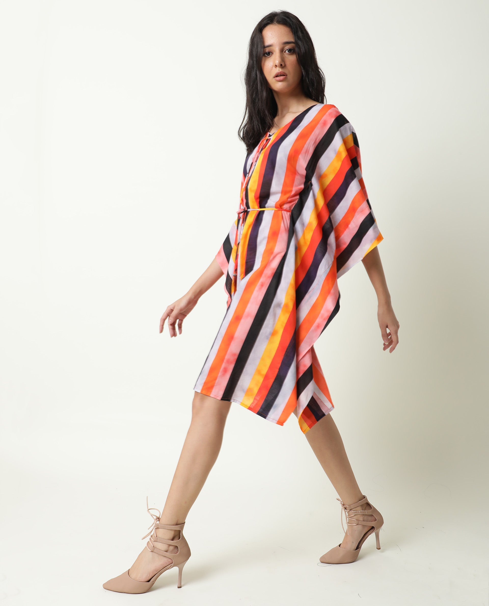 Rareism Women Fact Multi Abstract V Neck Tie Up At Neck And Waist Kaftan Knee Length Dress