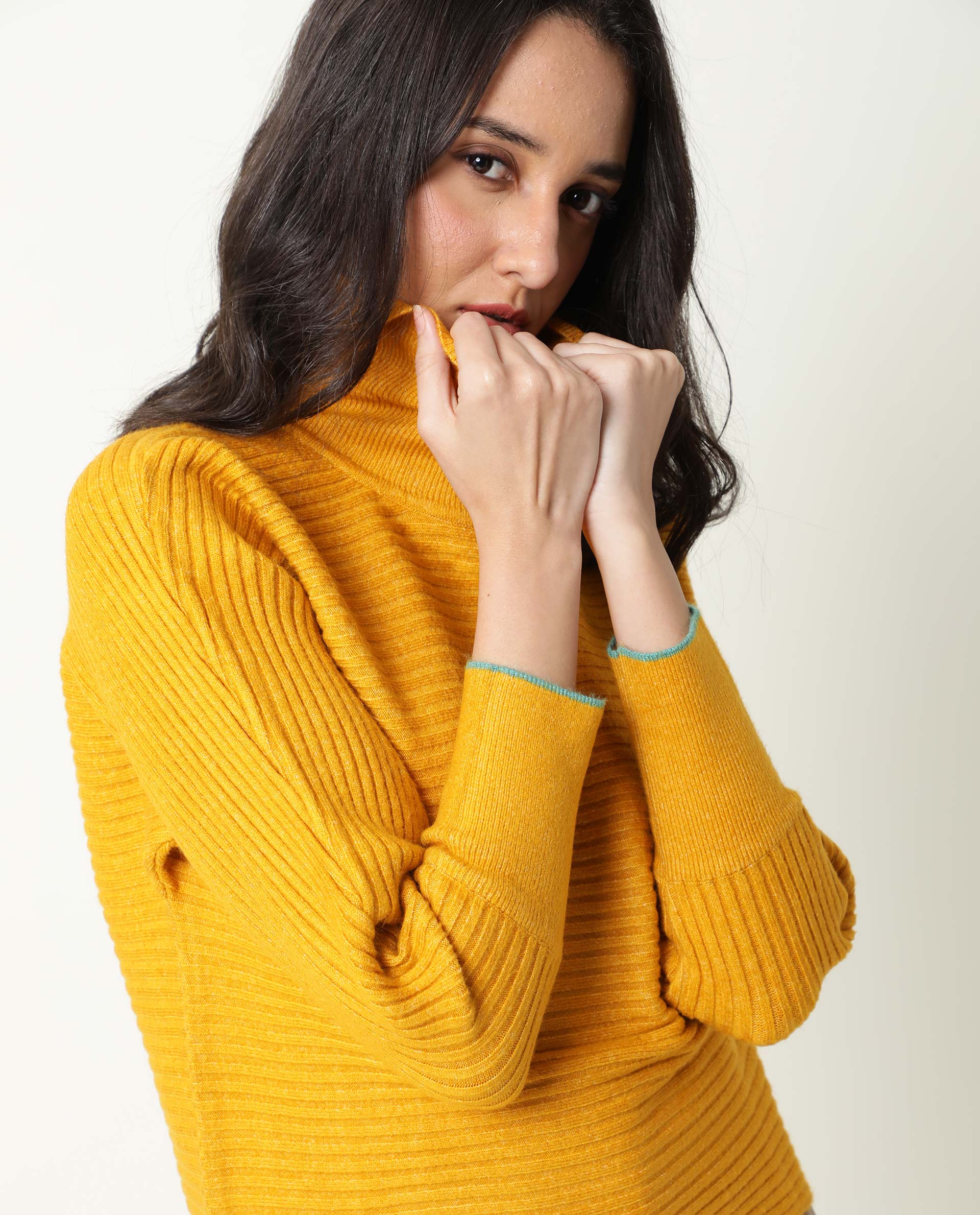 Rareism Women Levour Mustard Acrylic Fabric Full Sleeves Relaxed Fit Solid Turtle Neck Sweater