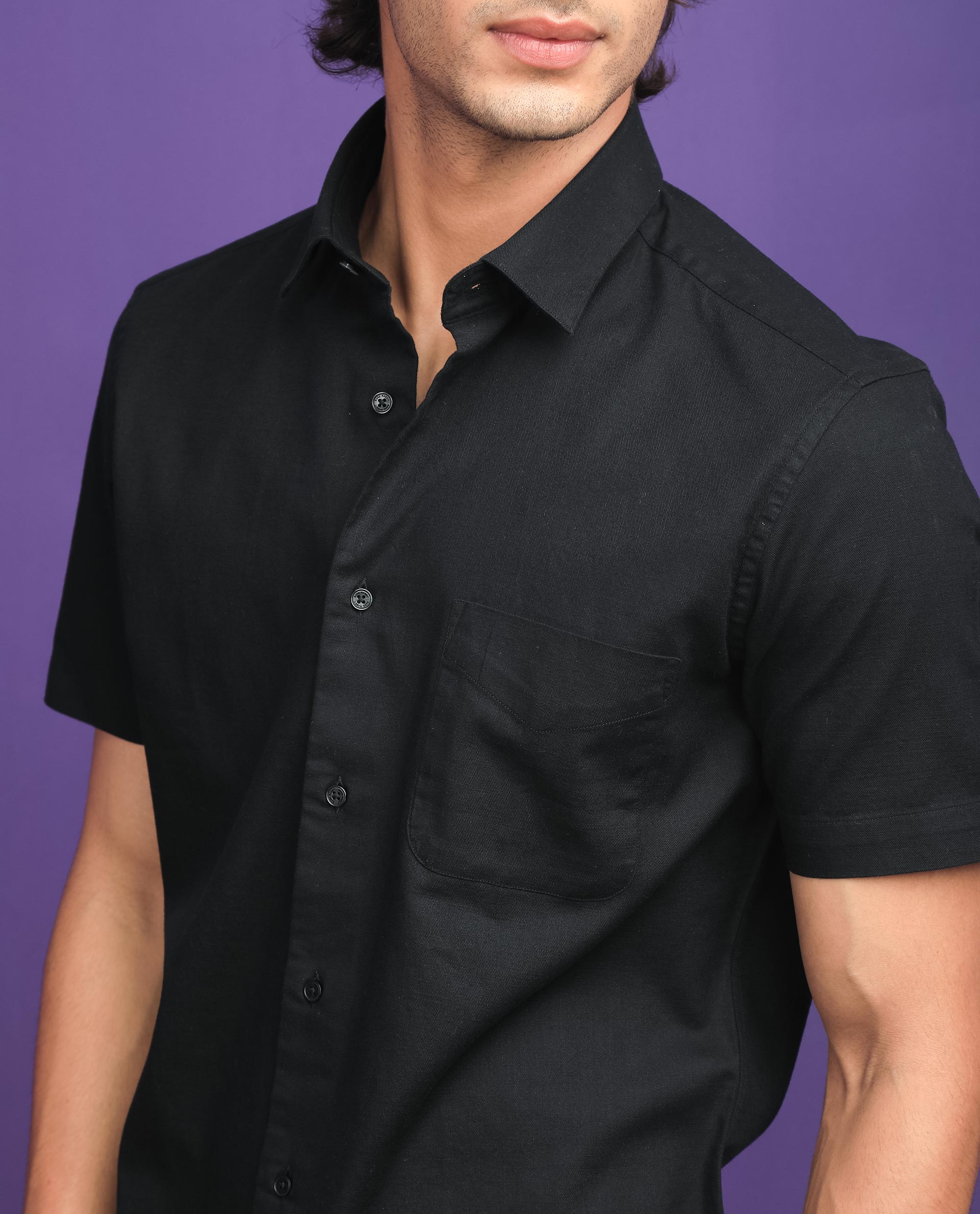 Rare Rabbit Men'S Darwin Black Shirt Cotton Fabric Short Sleeves Slim Fit