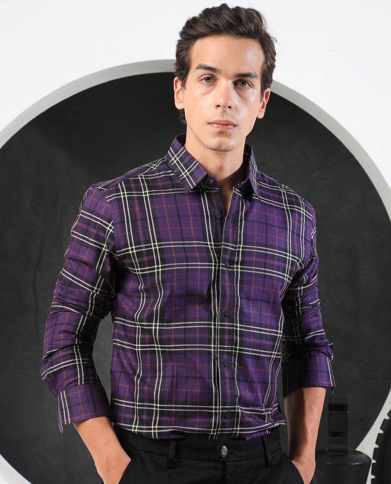 Rare Rabbit Men's Brutons Purple Cotton Fabric Full Sleeves Twill Checks Shirt