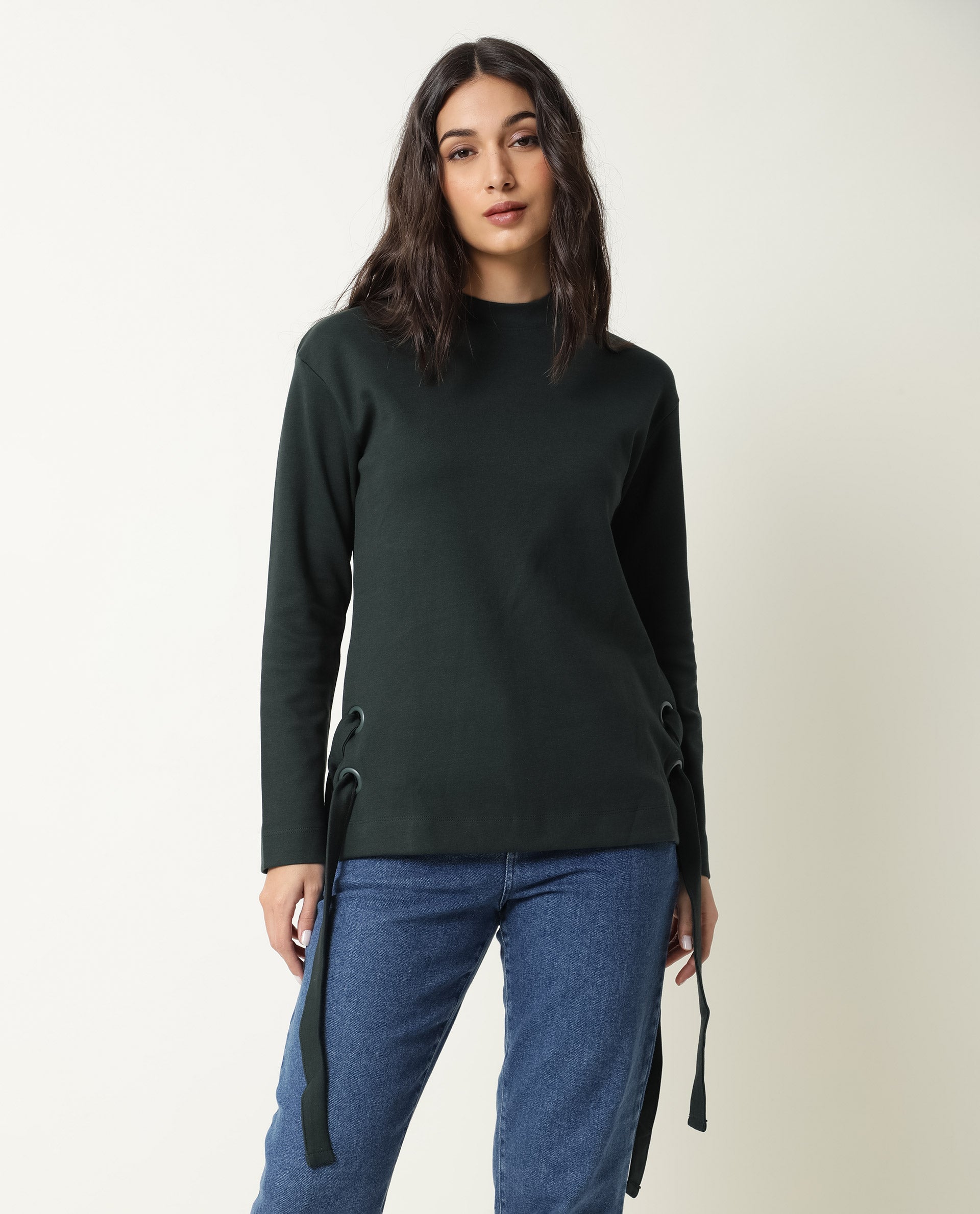 Rareism Women Ross Green Cotton Fabric Regular Fit Crew Neck Full Sleeves Solid Top