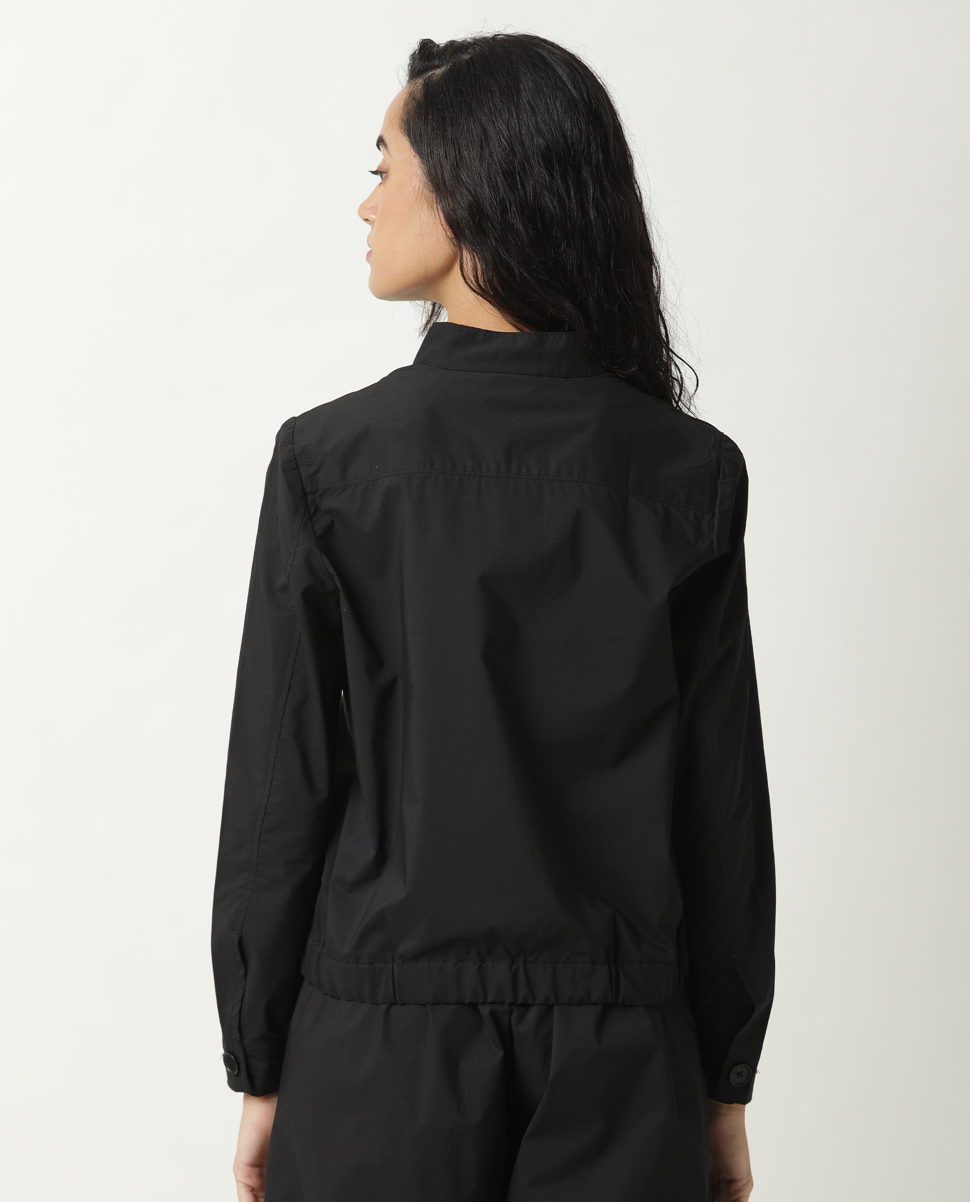 Rareism Women Aomori Black Poly Lycra Fabric Full Sleeves Solid Mandarin Collar Jacket