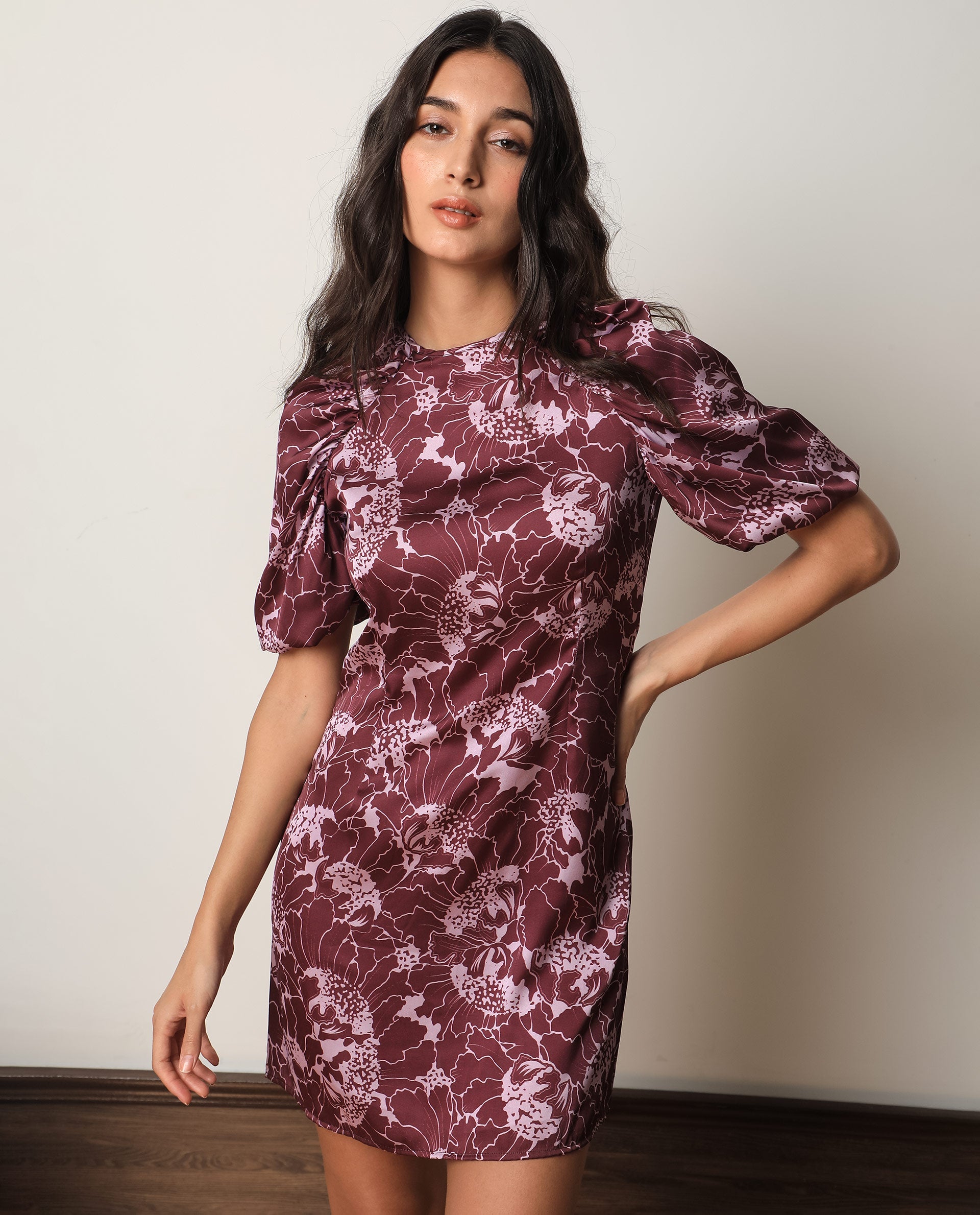 Rareism Women Christie Dark Maroon Polyester Fabric Short Sleeves Zip Closure Round Neck Puff Sleeve Slim Fit Floral Print Short Asymmetric Dress