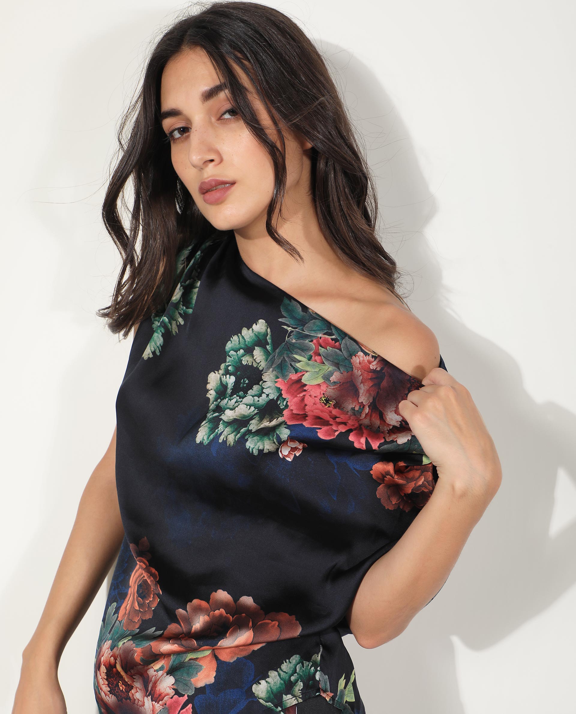 Rareism Women Florent Black Polyester Fabric Off Shoulder Sleeveless Regular Fit Floral Print Top