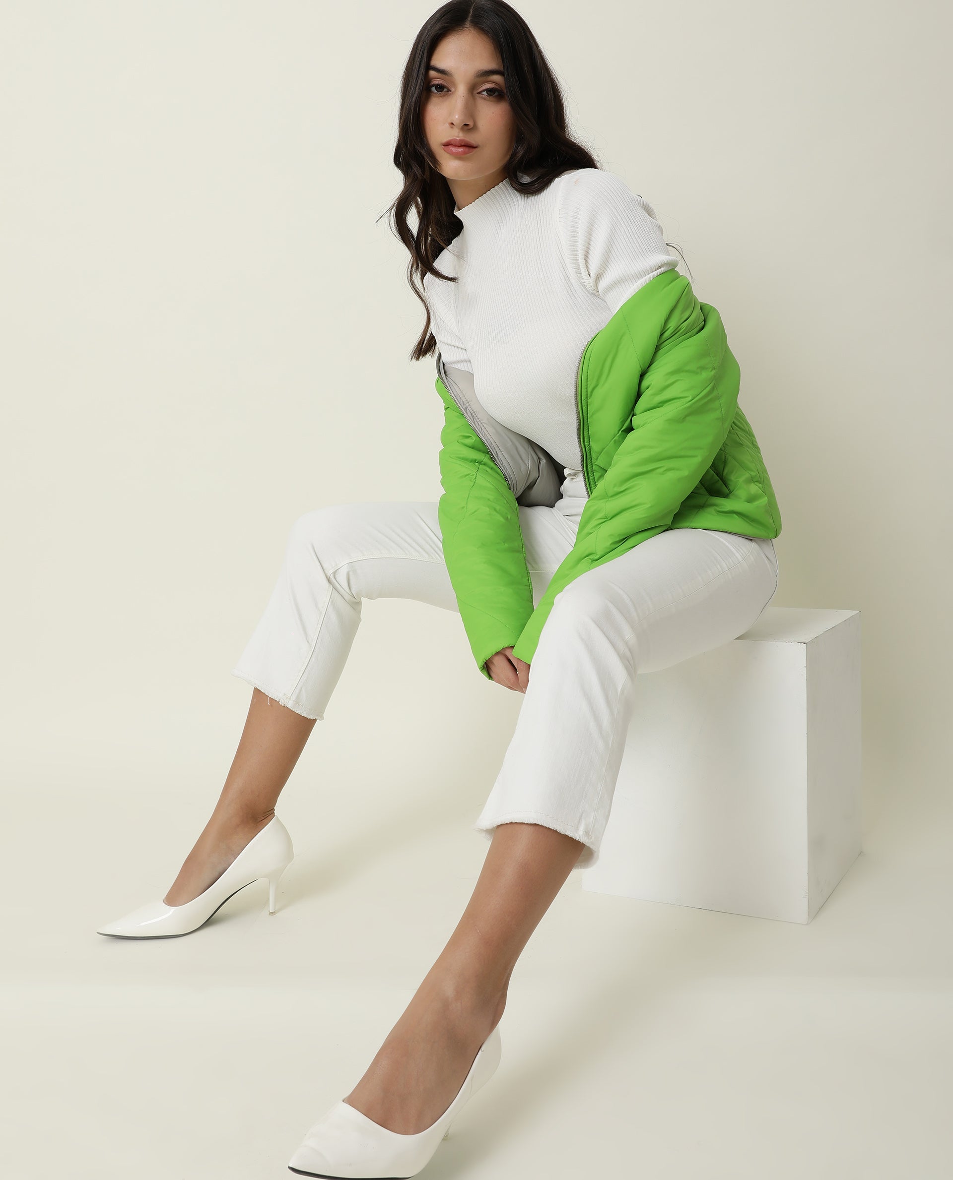 Rareism Women Cora Light Green Polyester Fabric Full Sleeves Solid High Neck Jacket