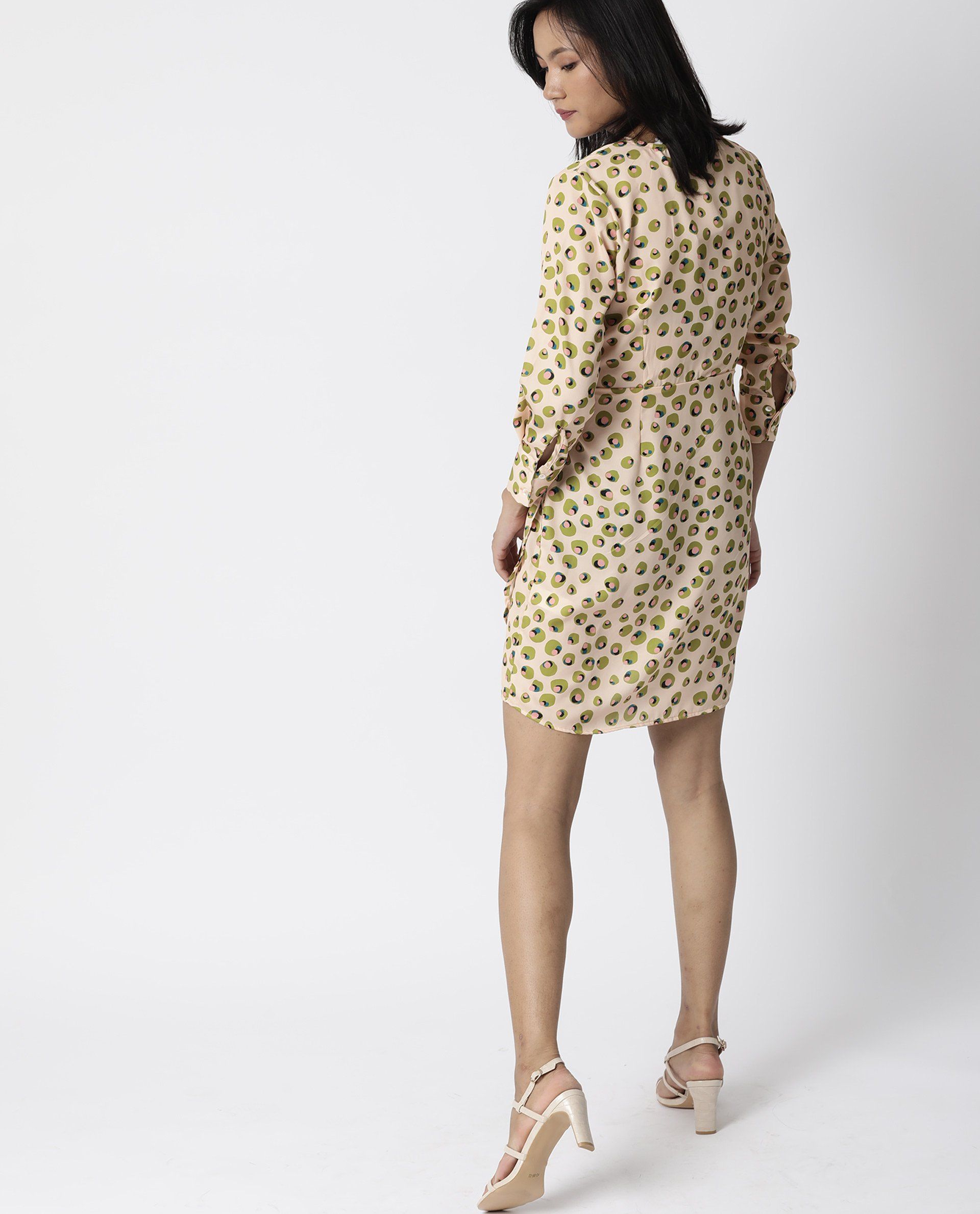 Rareism Women Perk Peach Printed V Wrap Neck Full Sleeves With Cuff And Fabric Waist Belt Mini Dress