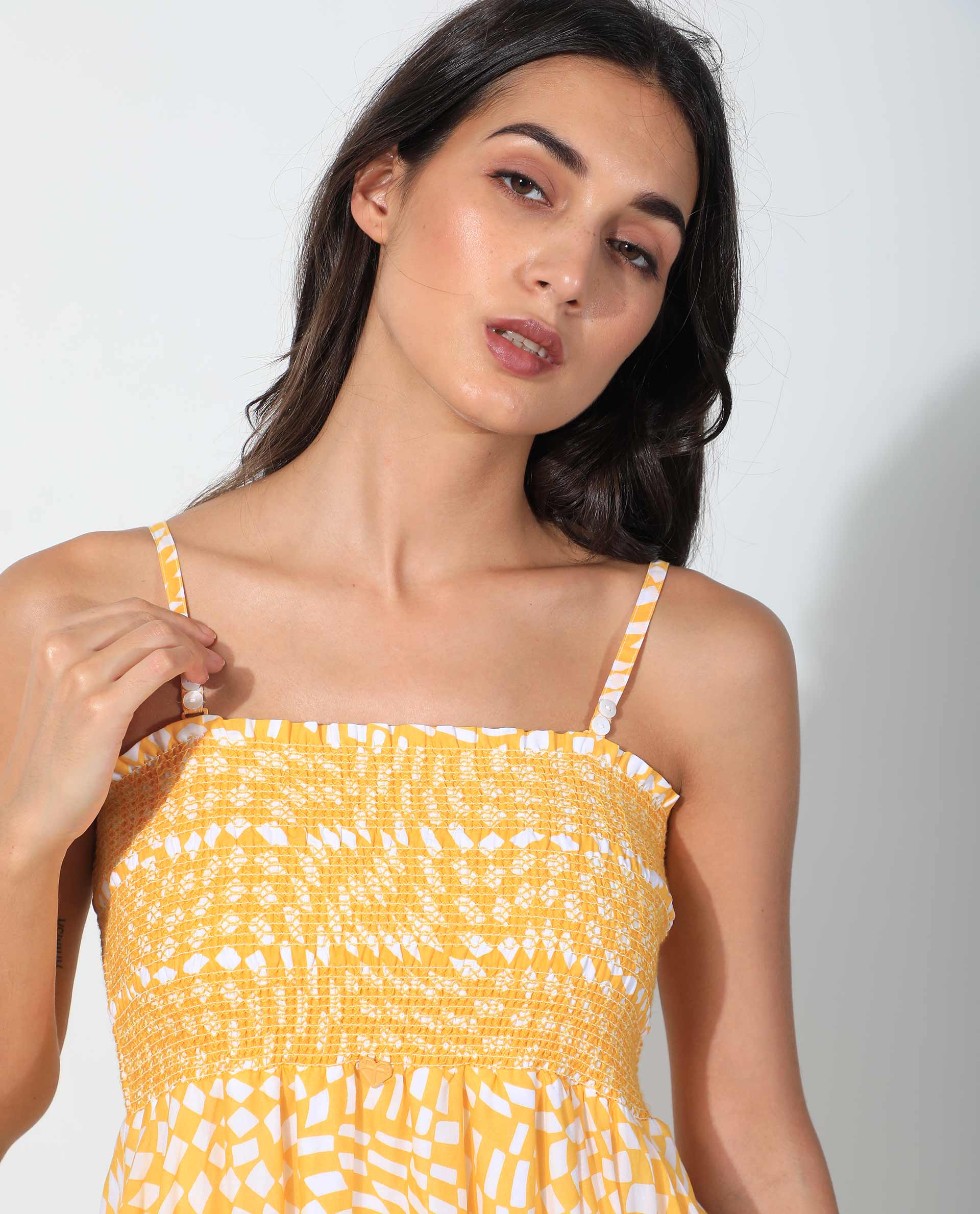 Rareism Women Daffodil Yellow Cotton Fabric Sleeveless Tube Neck Shoulder Straps Regular Fit Print Knee Length Dress