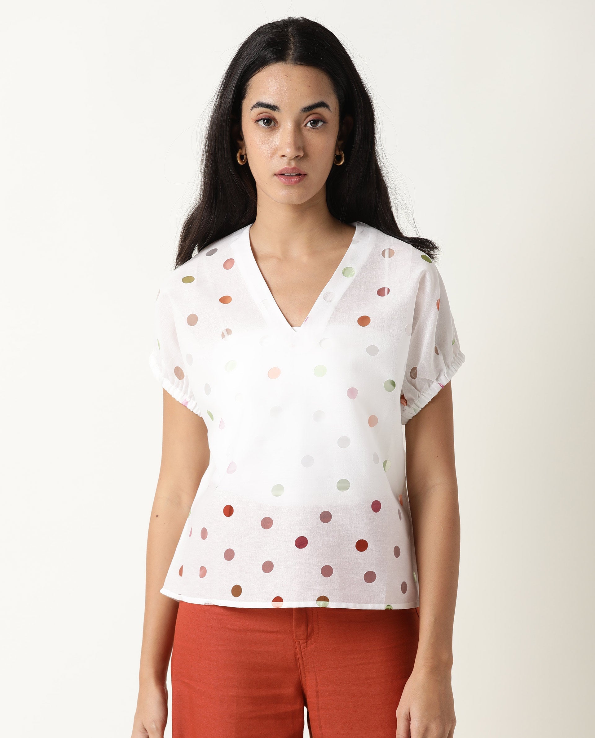 Rareism Womens Misan White Top Polycotton Fabric Regular Fit Extended Sleeves V Neck