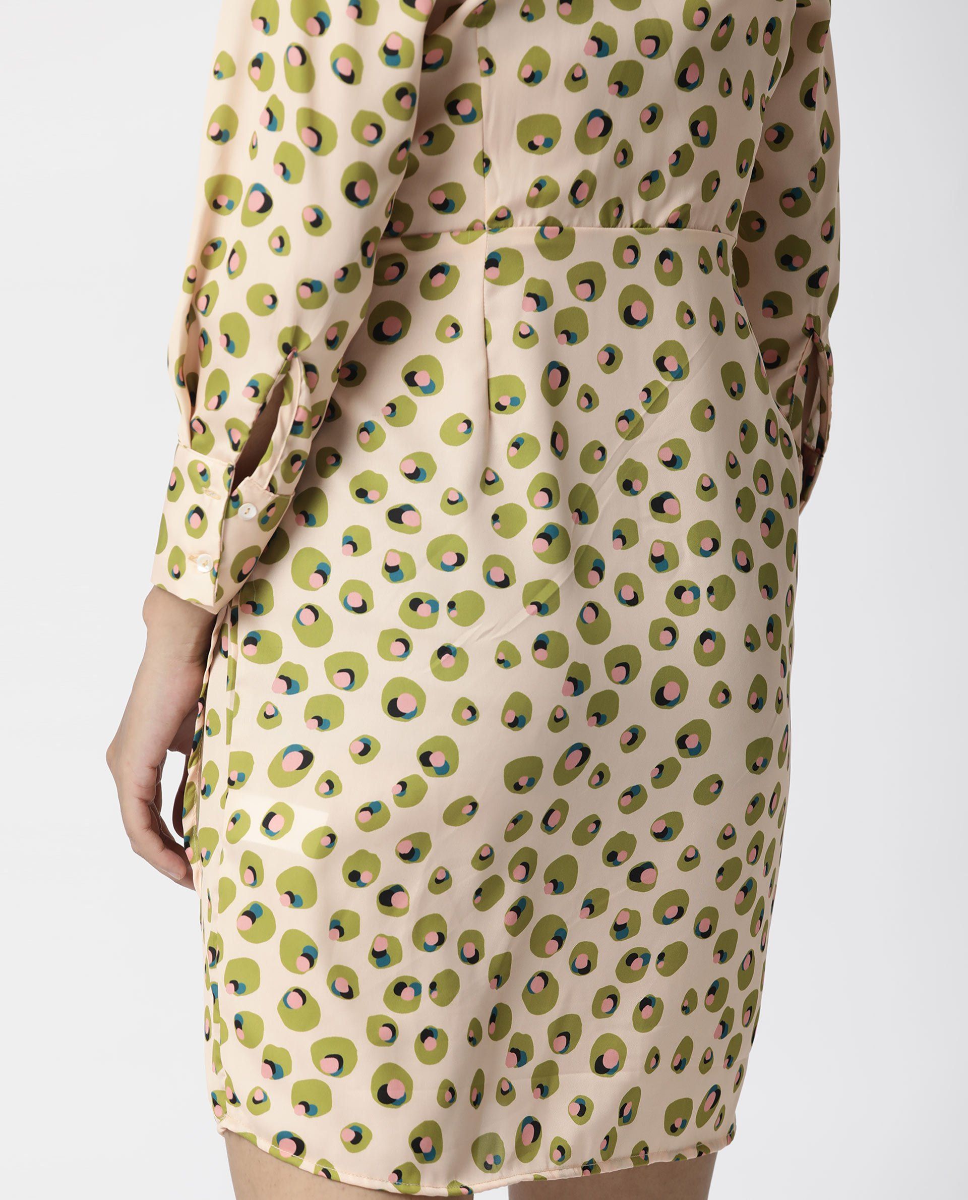 Rareism Women Perk Peach Printed V Wrap Neck Full Sleeves With Cuff And Fabric Waist Belt Mini Dress