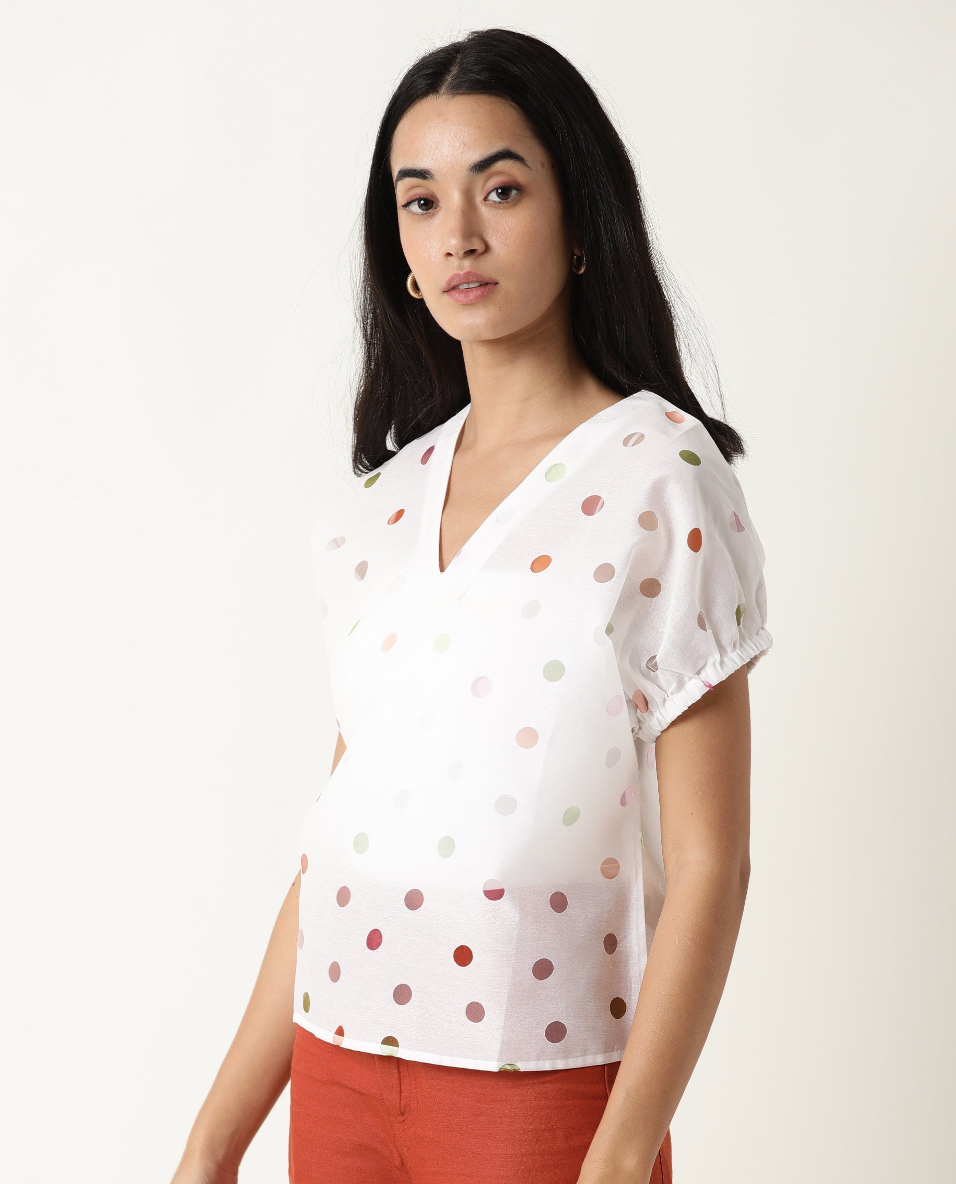 Rareism Womens Misan White Top Polycotton Fabric Regular Fit Extended Sleeves V Neck