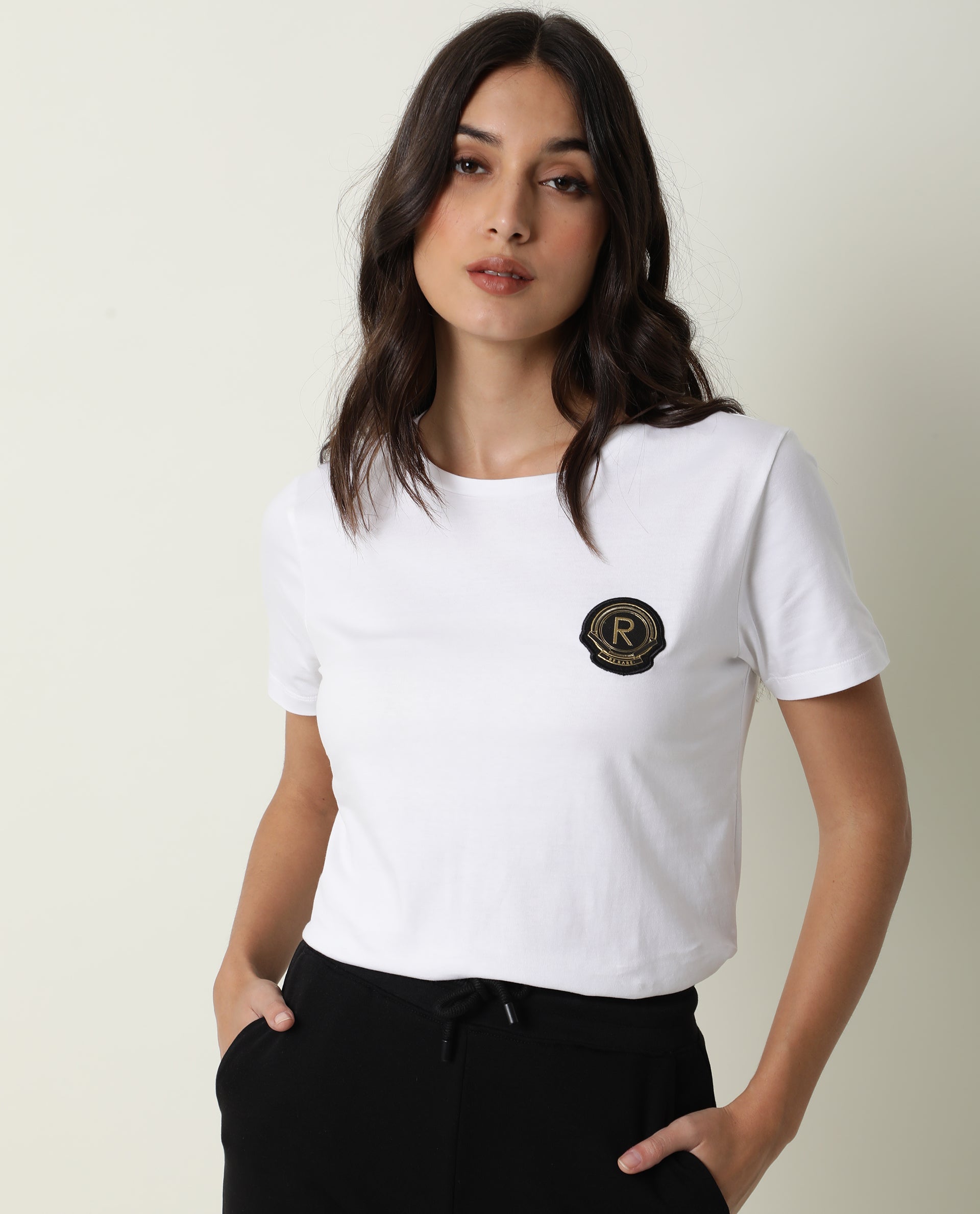 Rareism Women Fuji Off White Cotton Fabric Regular Fit Half Sleeves Graphic Print Crew Neck T-Shirt