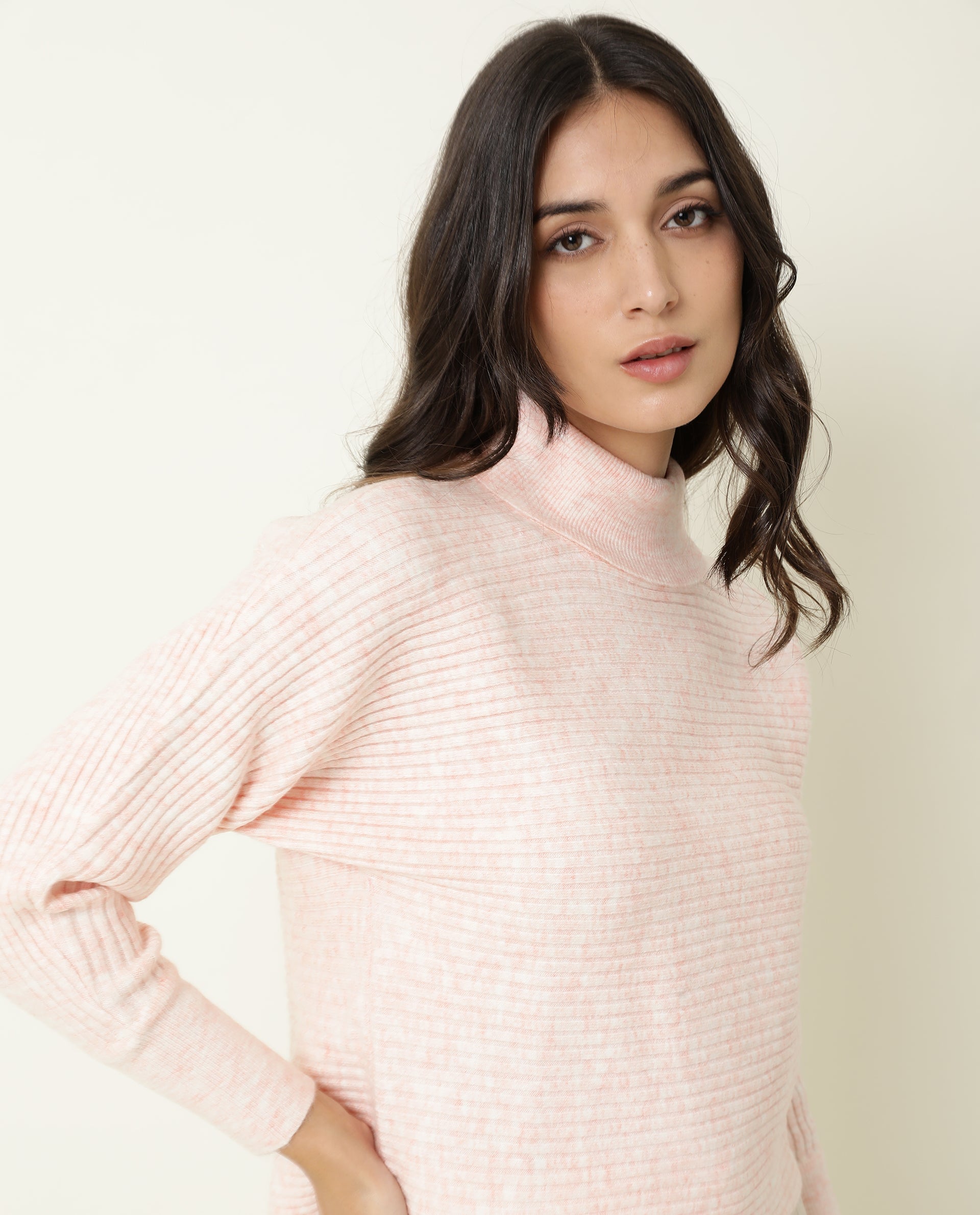 Rareism Women Levour Melange Pink Acrylic Fabric Full Sleeves Relaxed Fit Solid Turtle Neck Sweater