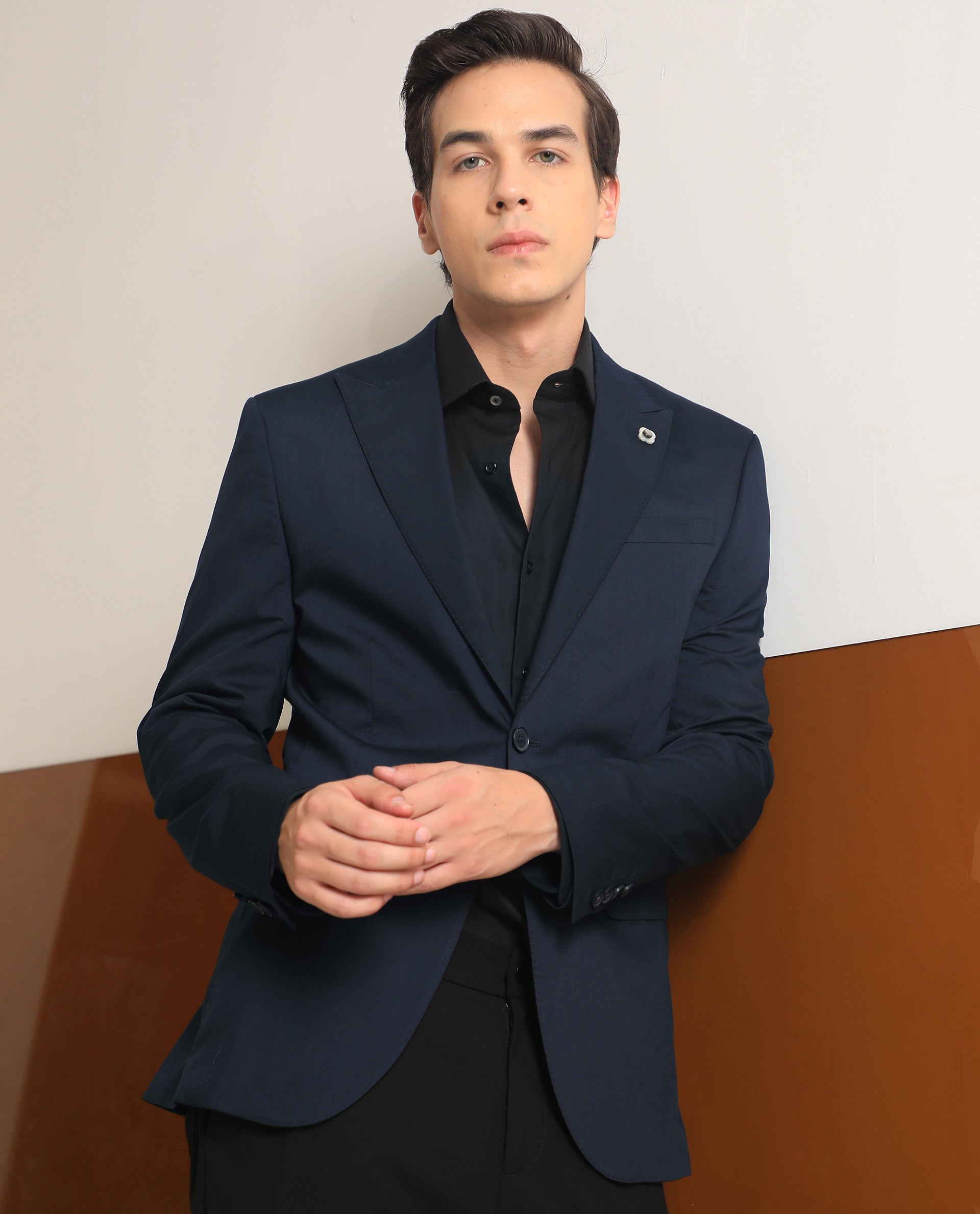 Rare Rabbit Men's Maroni Navy Cotton Plain Tailored Fit Full Sleeve Lapel Neck Blazer