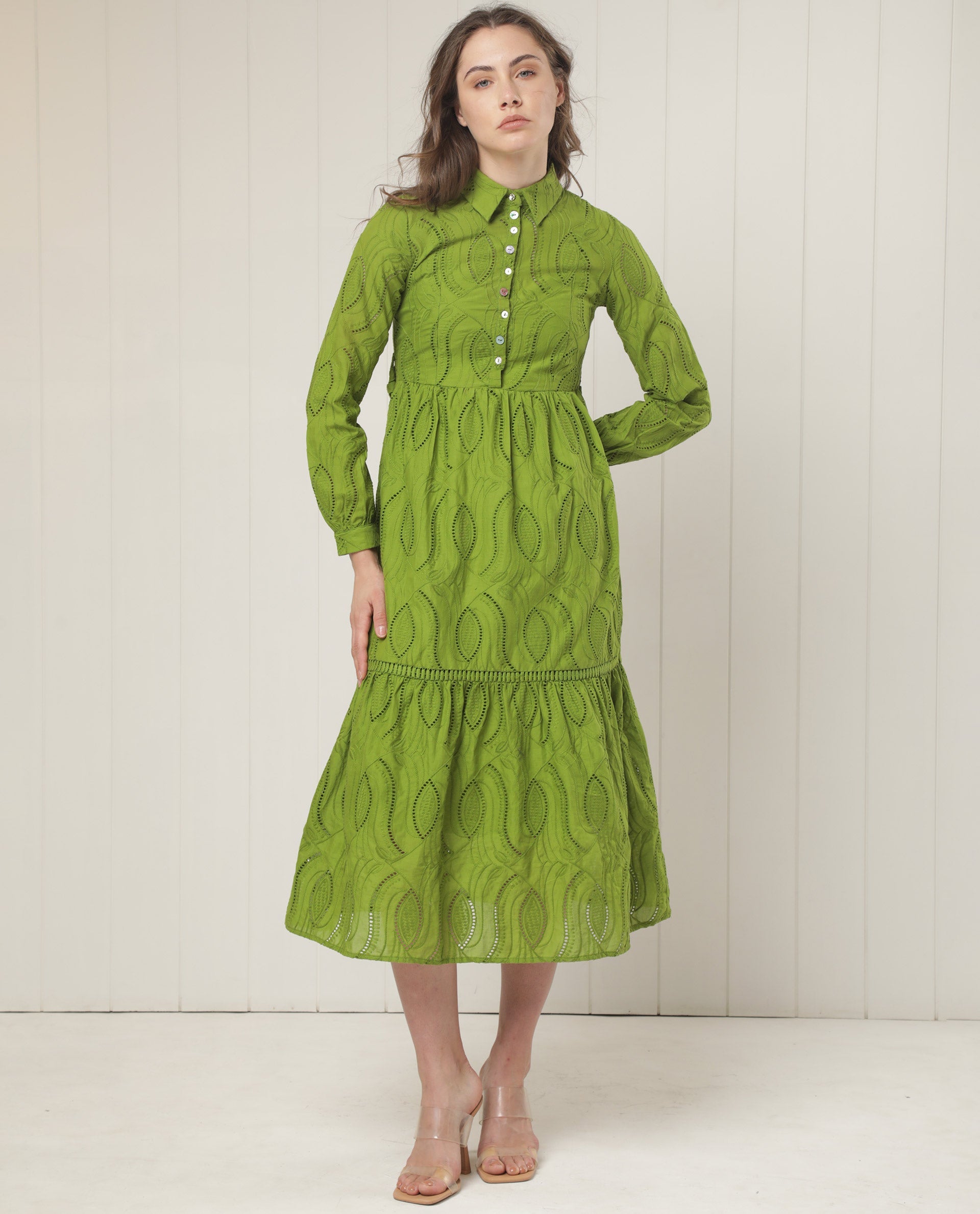 Buy Darcy - Green Schiffli Knee Length Dress| Rareism Buy Darcy - Green Schiffli Knee Length Dress| Rareism