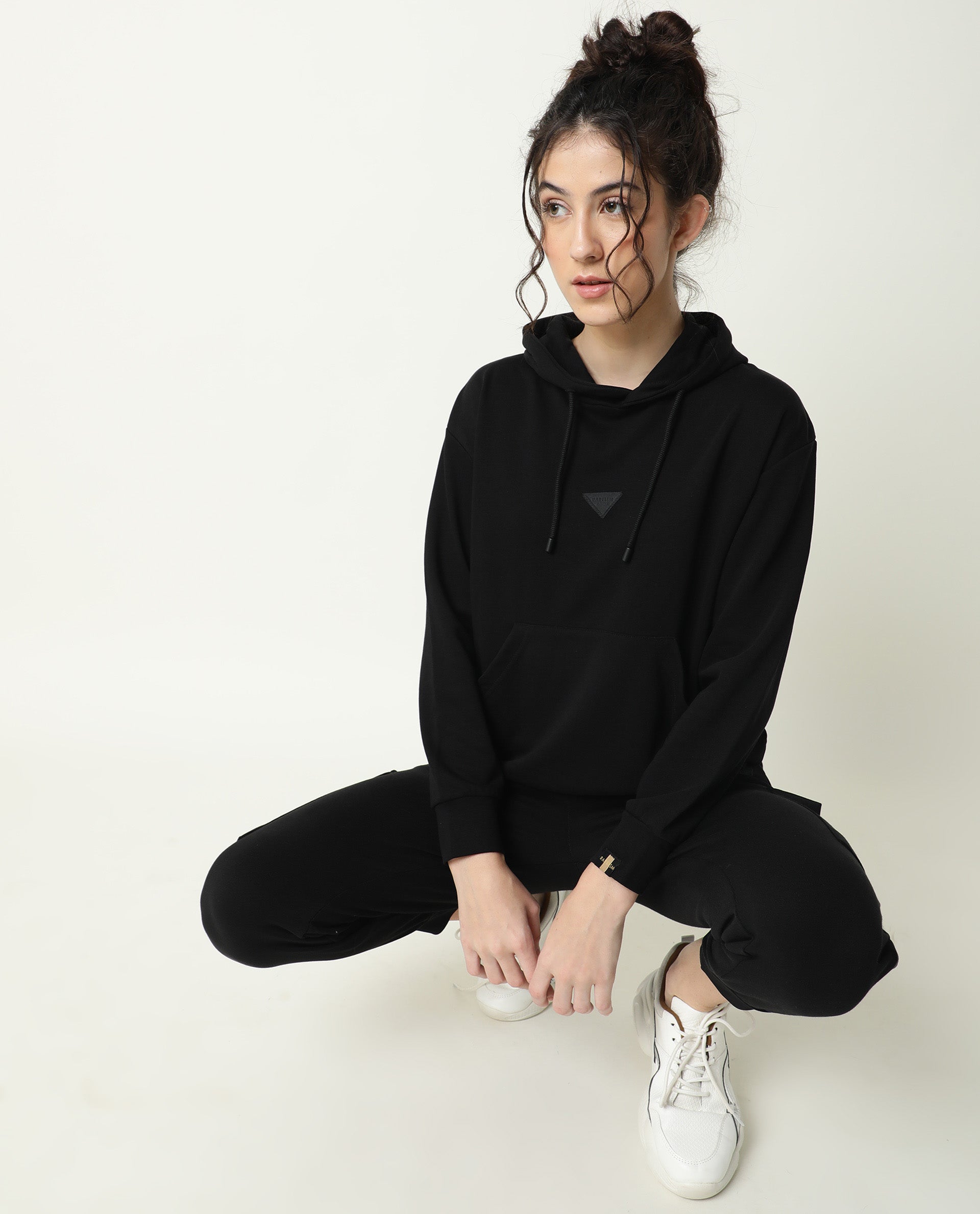 Rareism Women Wally-1 Black Cotton Poly Fabric Relaxed Fit Full Sleeves Solid Hooded Sweatshirt