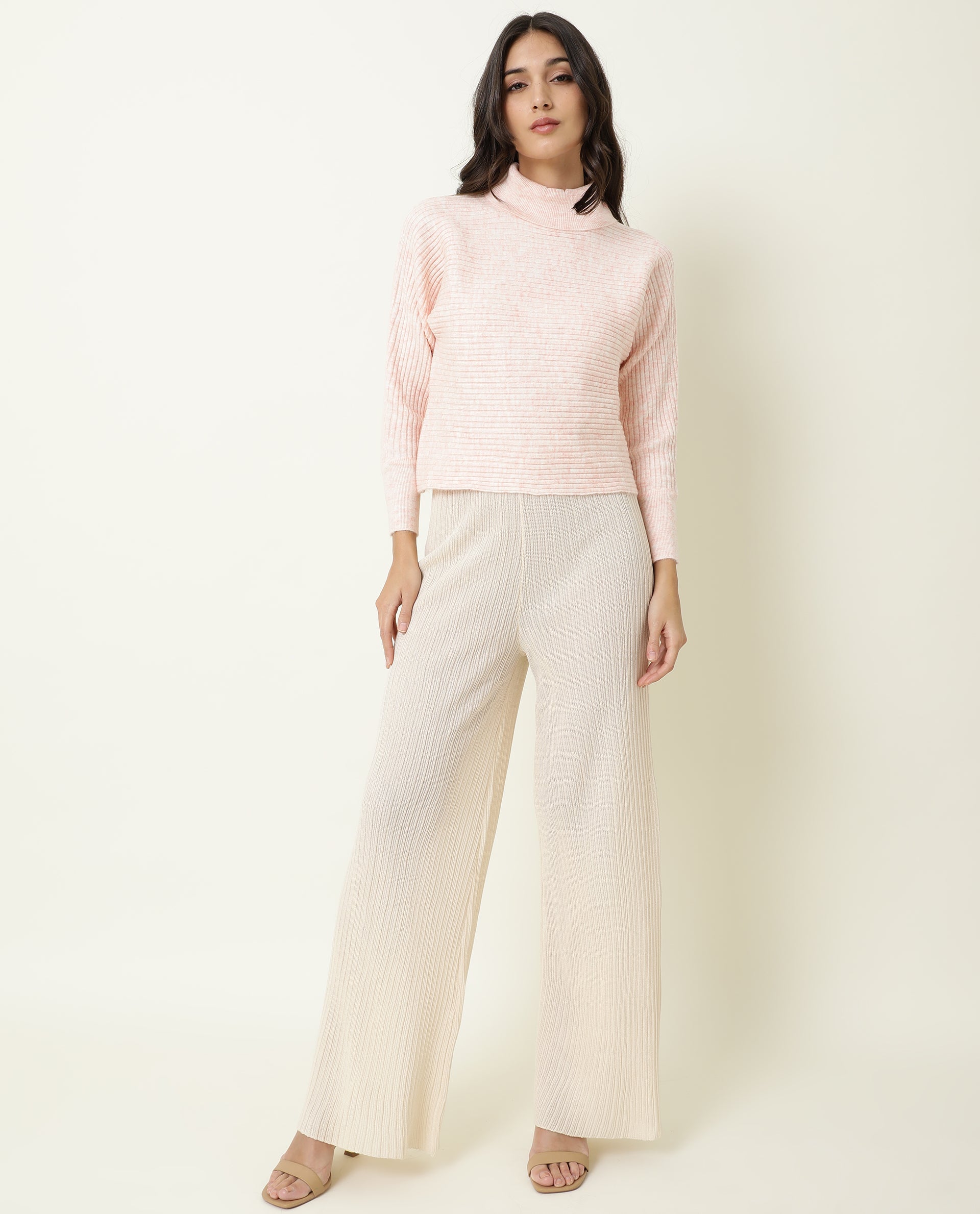 Rareism Women Levour Melange Pink Acrylic Fabric Full Sleeves Relaxed Fit Solid Turtle Neck Sweater