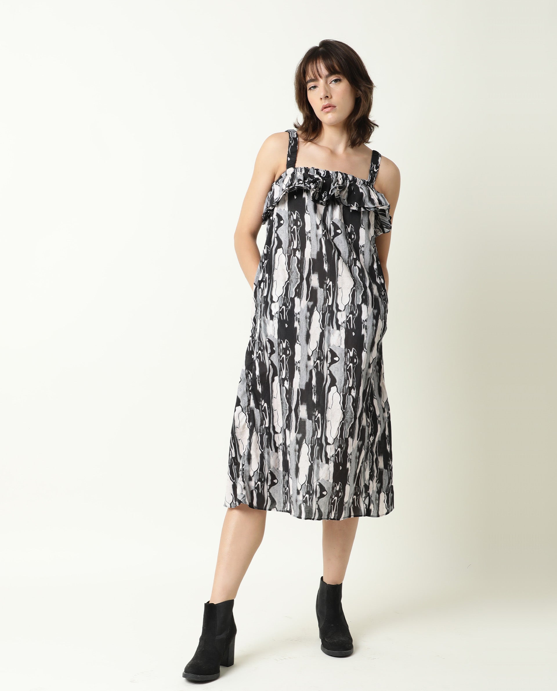 Rareism Women Darling Black Abstract Print Broad Shoulder Straps Ruffled Square Neck Midi Dress