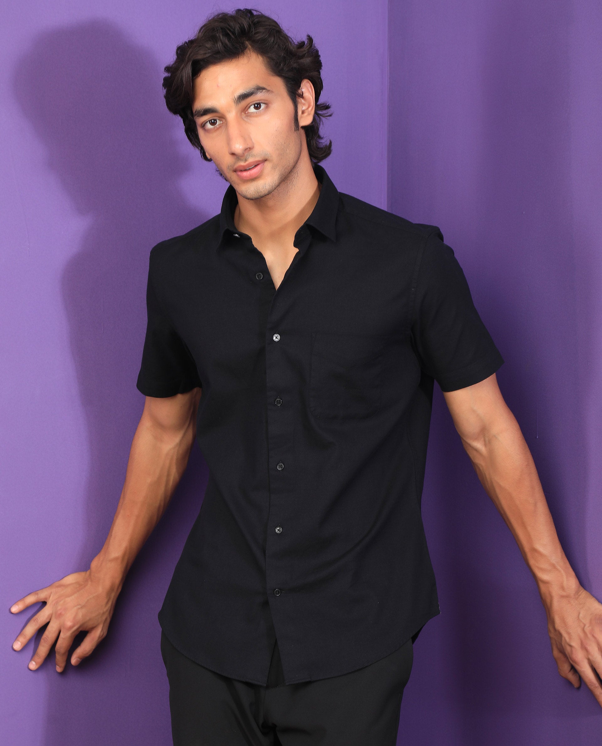 Rare Rabbit Men'S Darwin Black Shirt Cotton Fabric Short Sleeves Slim Fit