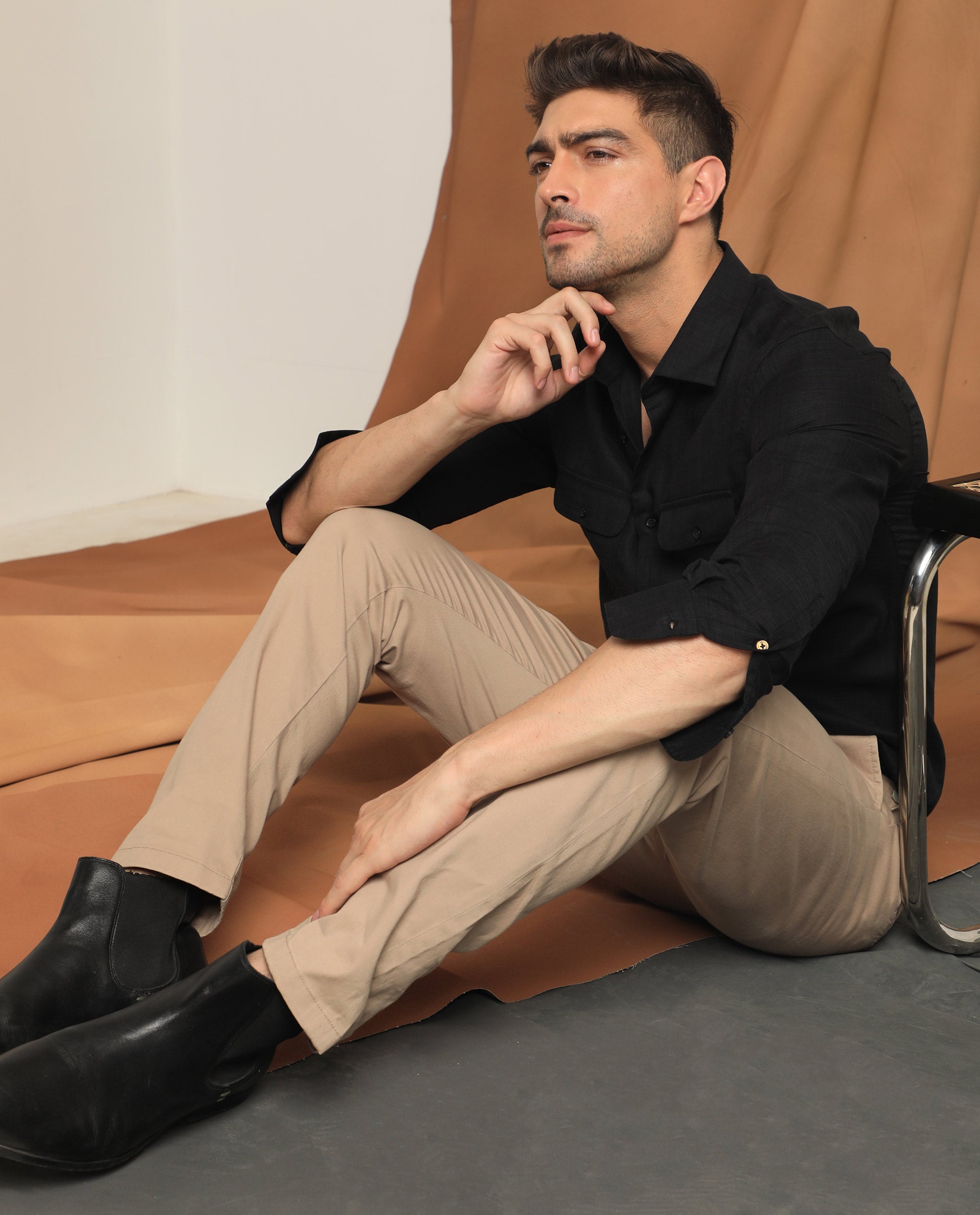 RARE RABBIT MEN'S SAFA LS BLACK SHIRT COTTON LYOCELL FABRIC COLLARED NECK FULL SLEEVES BUTTON CLOSURE