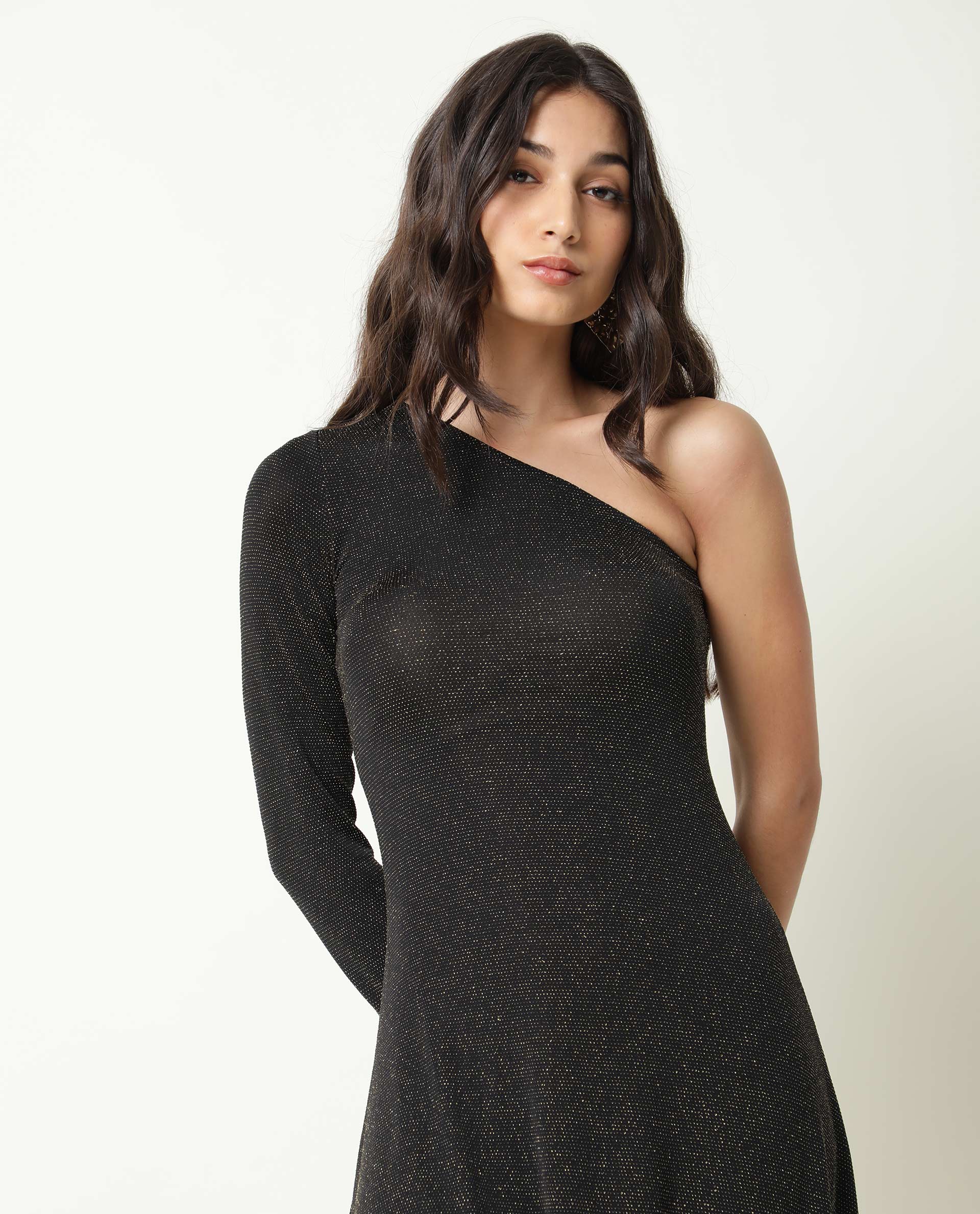 Rareism Women Lelani Black One Shoulder Full Sleeve Asymmetric Knee Length Dress