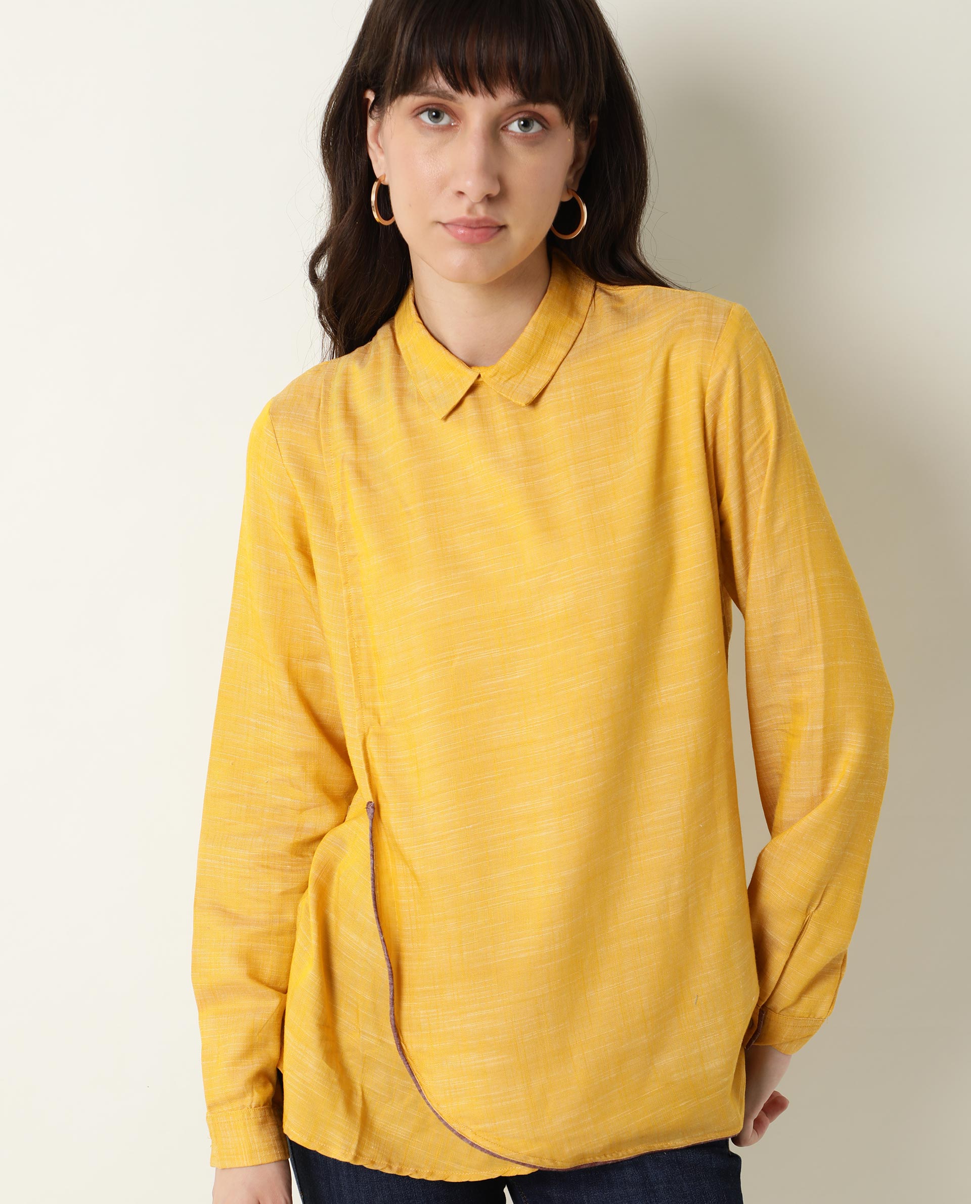 Rareism Womens Kara Yellow Top Polycotton Fabric Full Sleeves Collar Neck