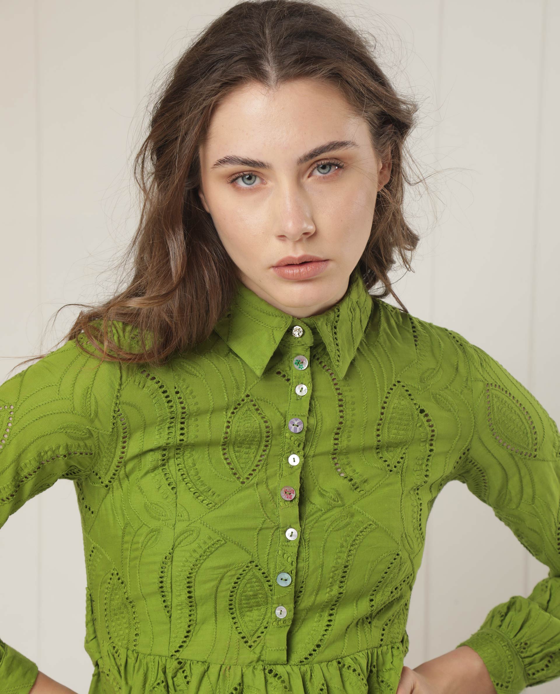 Buy Darcy - Green Schiffli Knee Length Dress| Rareism Buy Darcy - Green Schiffli Knee Length Dress| Rareism