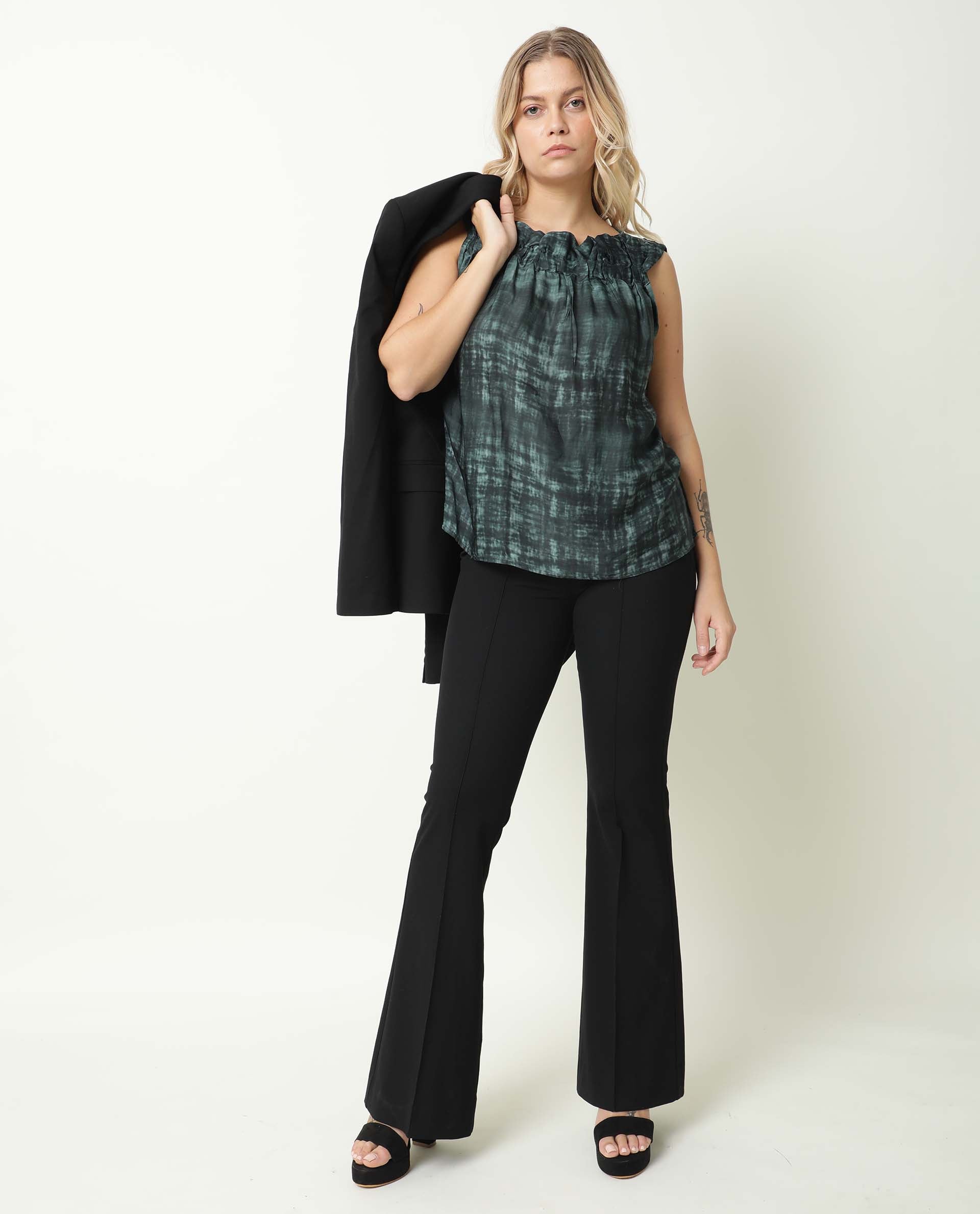 Rareism Women Chiat Green Modal Fabric Relaxed Fit Boat Neck Sleeveless Ombre Top