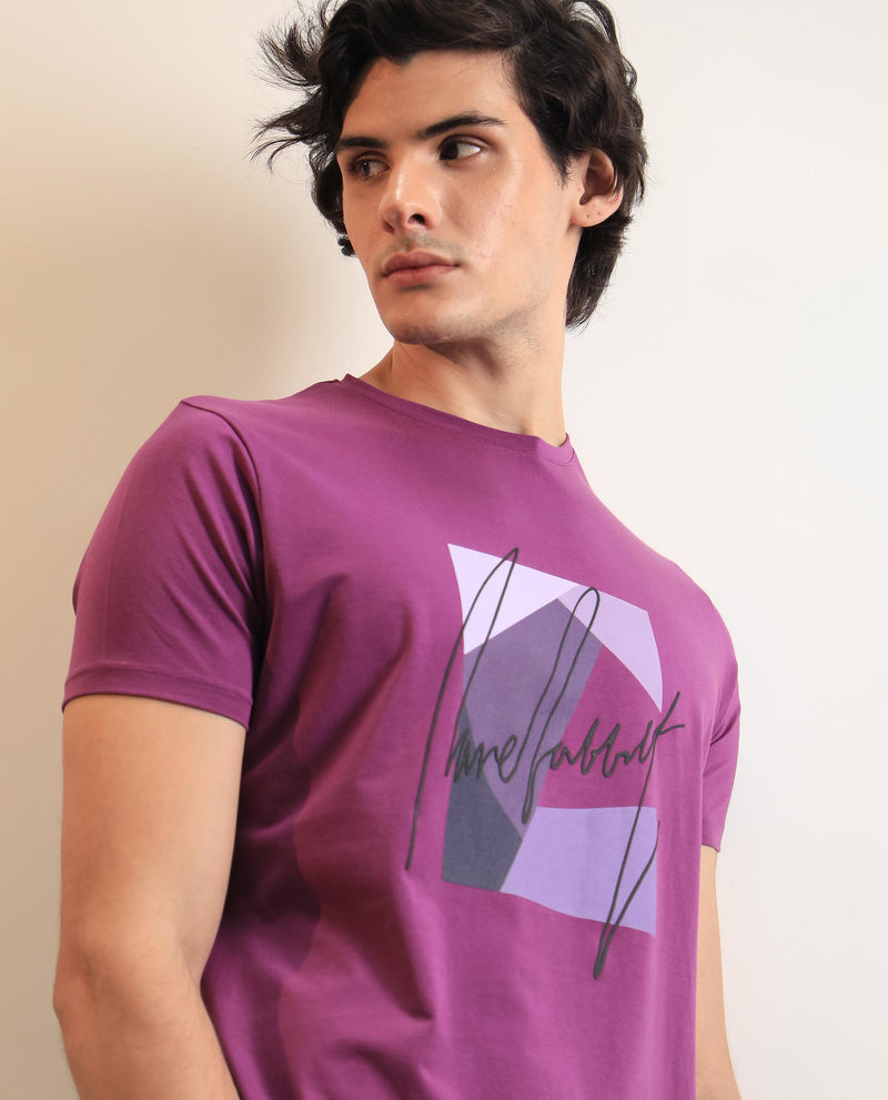 Rare Rabbit Men's Claxton Purple Crew Neck Logo Printed Half Sleeves Slim Fit T-Shirt
