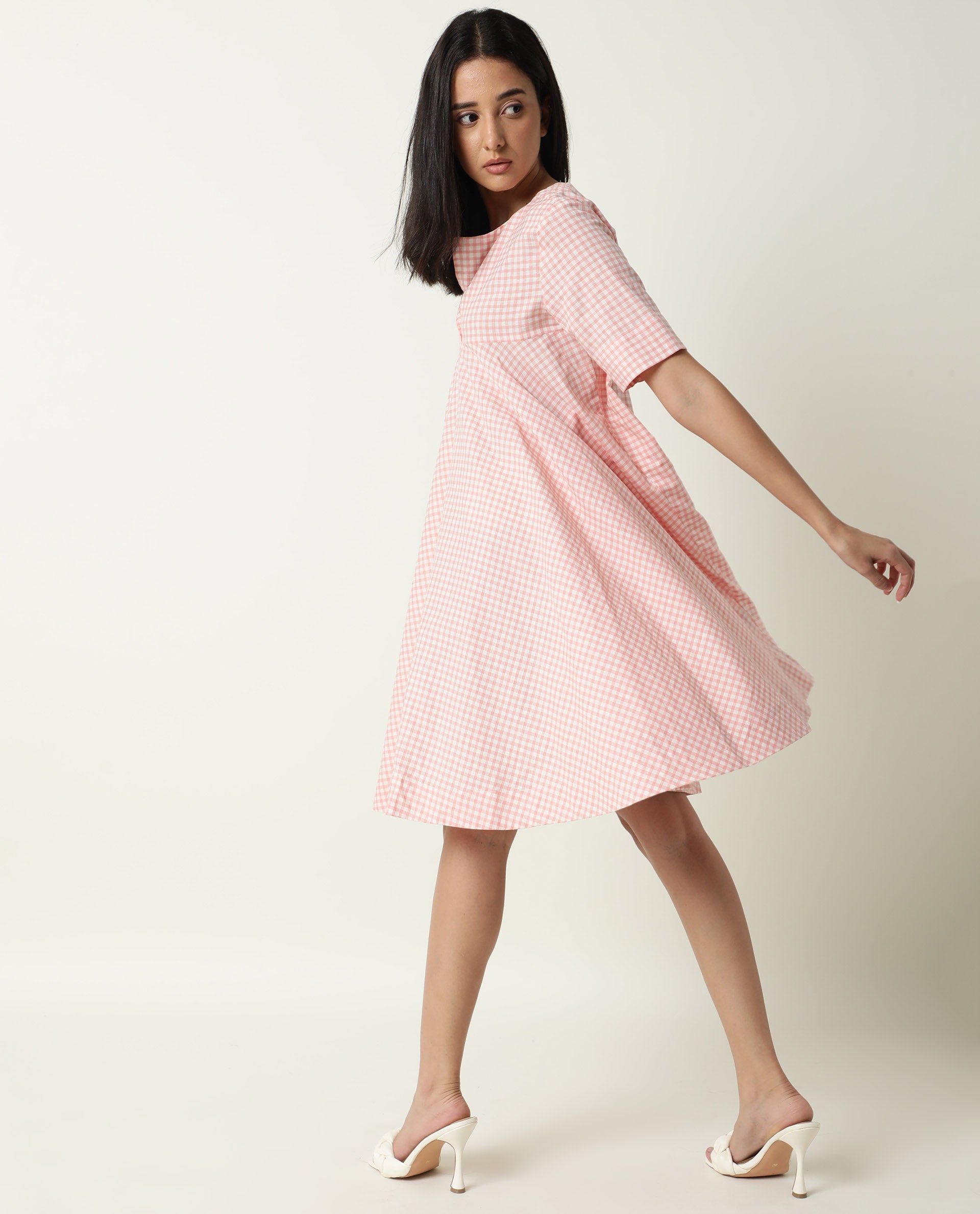 Rareism Women Paris Yellow Gingham Checks Overlap Lapel Collar Half Sleeves Mini Dress