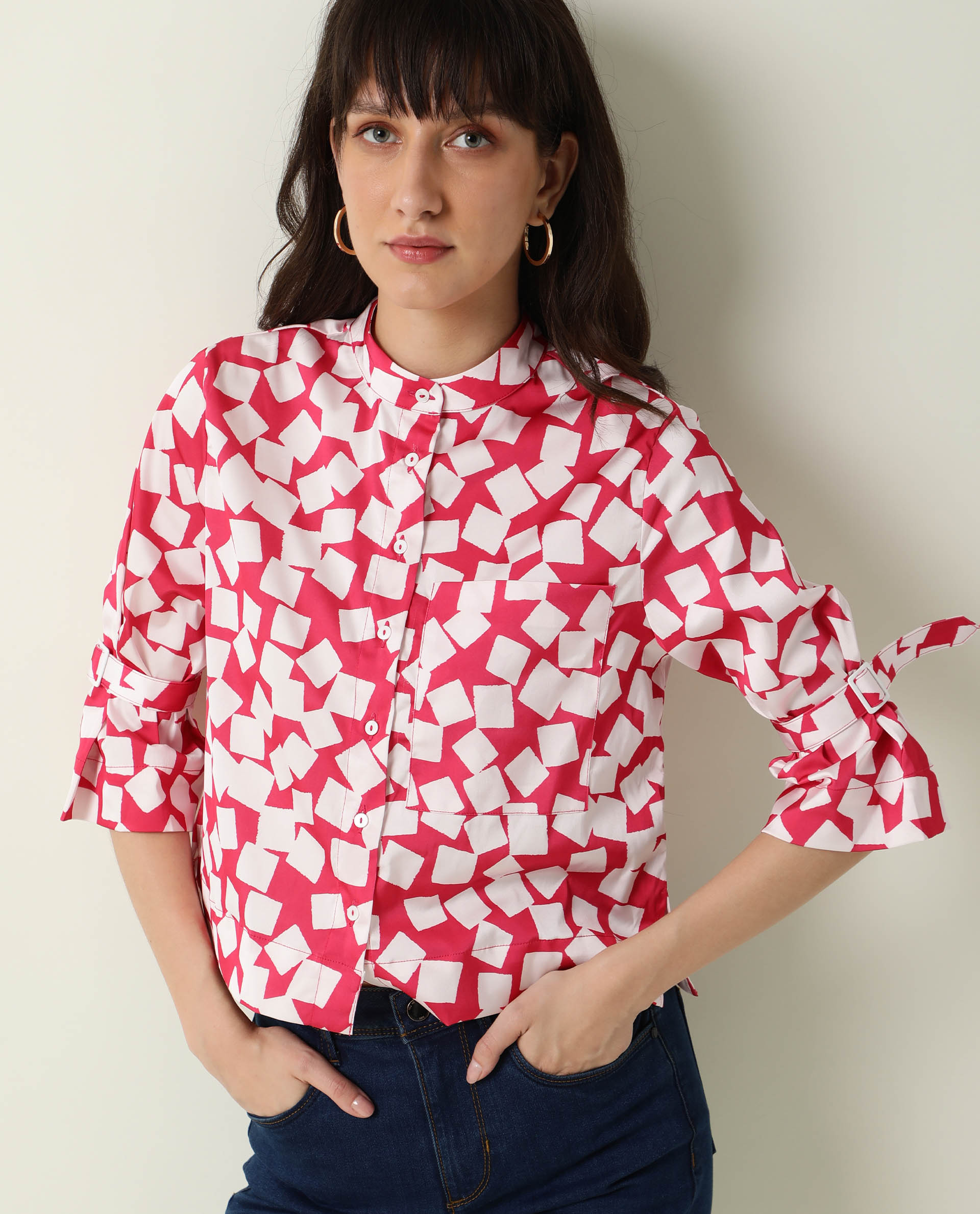 Rareism Women Seki Pink Modal Fabric Regular Sleeve High Neck Geometric Print Shirt