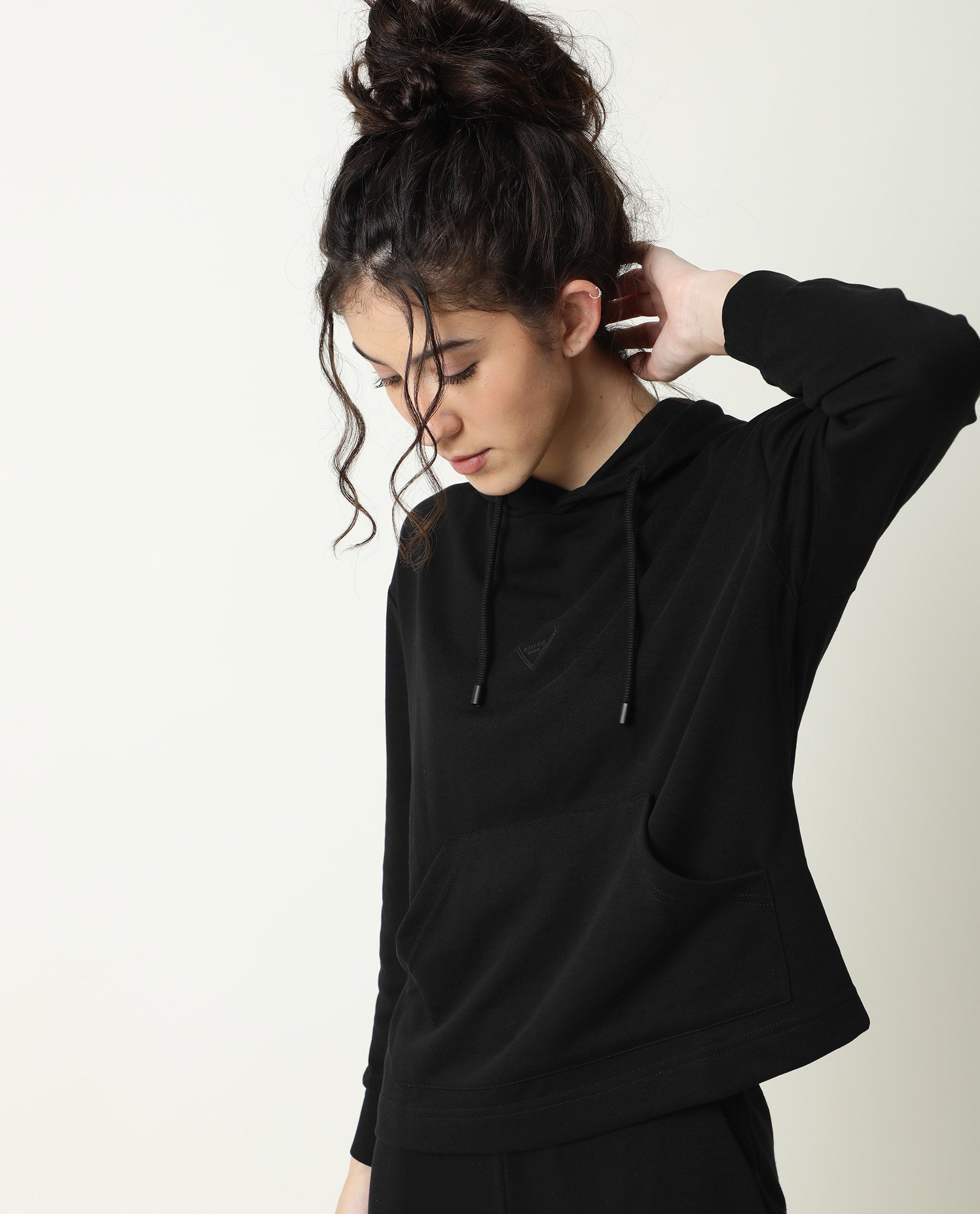 Rareism Women Wally-1 Black Cotton Poly Fabric Relaxed Fit Full Sleeves Solid Hooded Sweatshirt