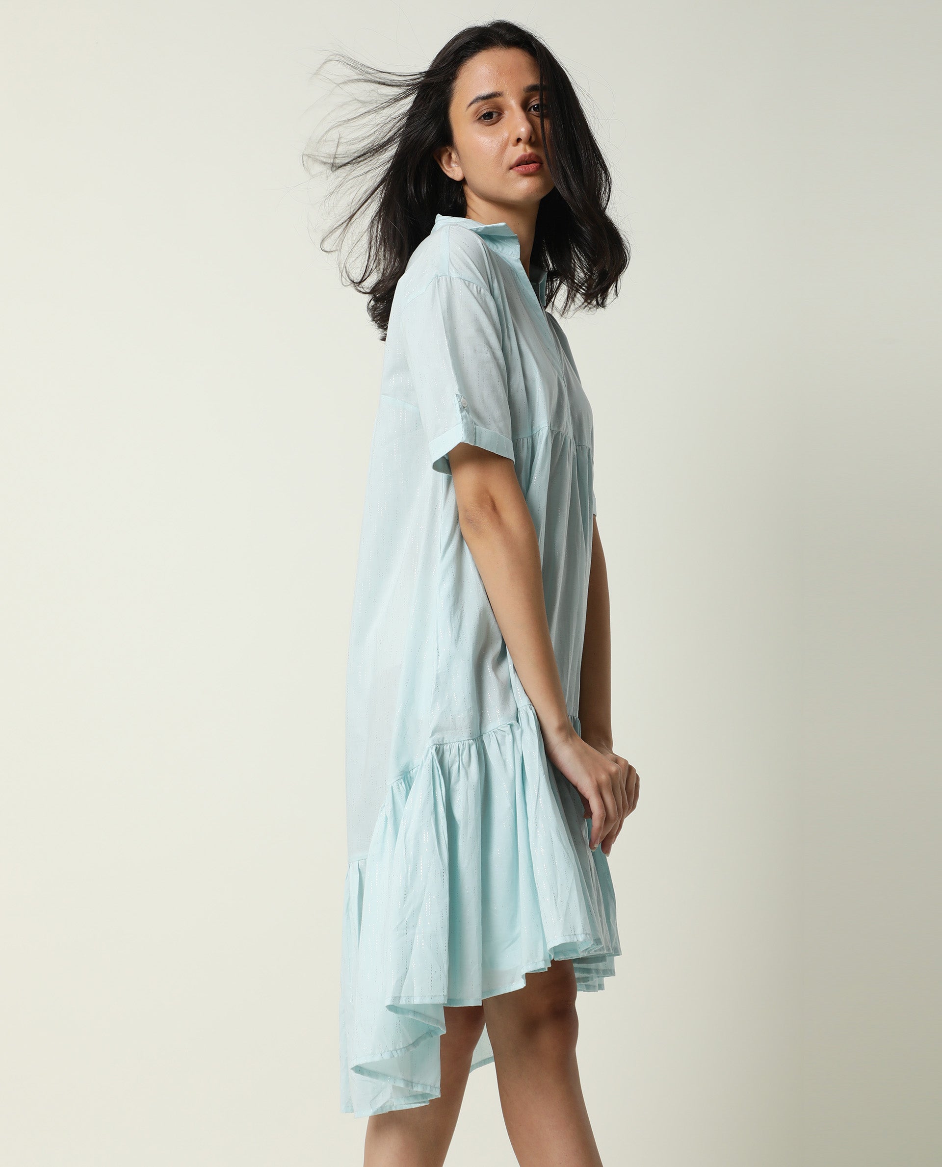 Rareism Women Loaf Light Turq Collared Neck Short Sleeves With Pocket Tiered Knee Length Dress