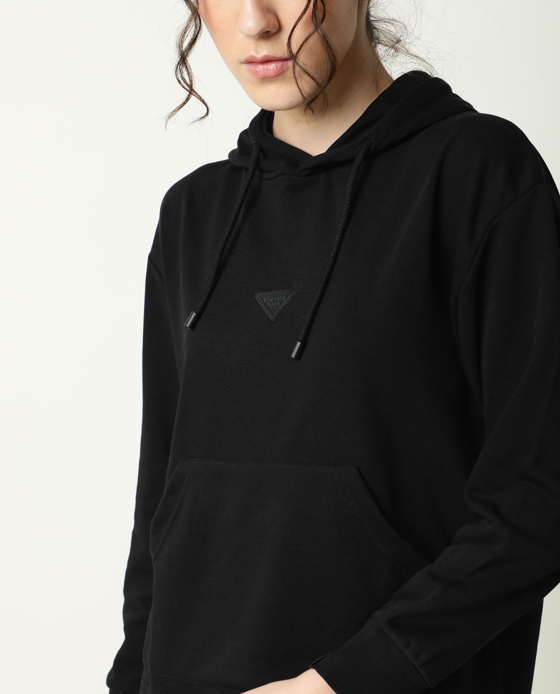 Rareism Women Wally-1 Black Cotton Poly Fabric Relaxed Fit Full Sleeves Solid Hooded Sweatshirt
