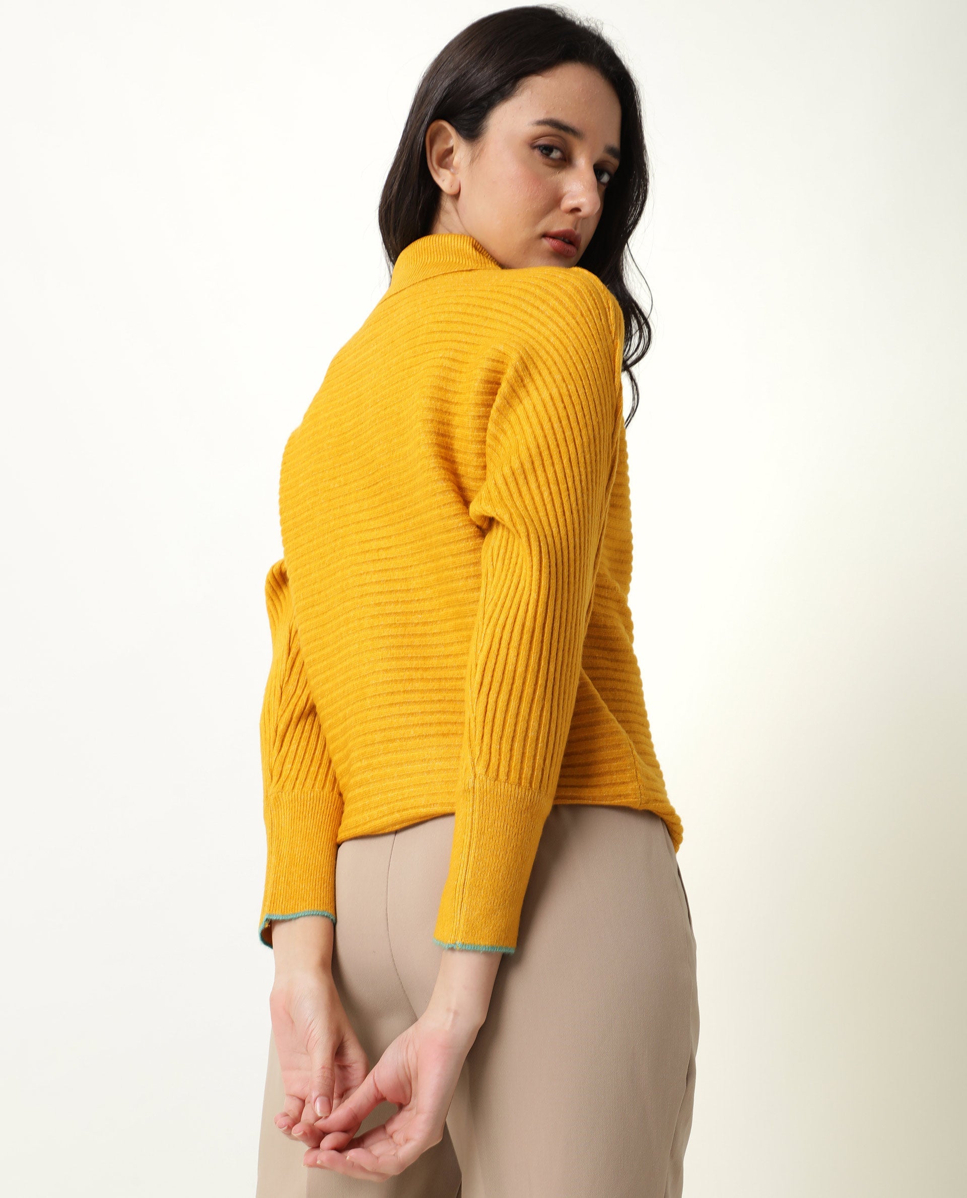 Rareism Women Levour Mustard Acrylic Fabric Full Sleeves Relaxed Fit Solid Turtle Neck Sweater