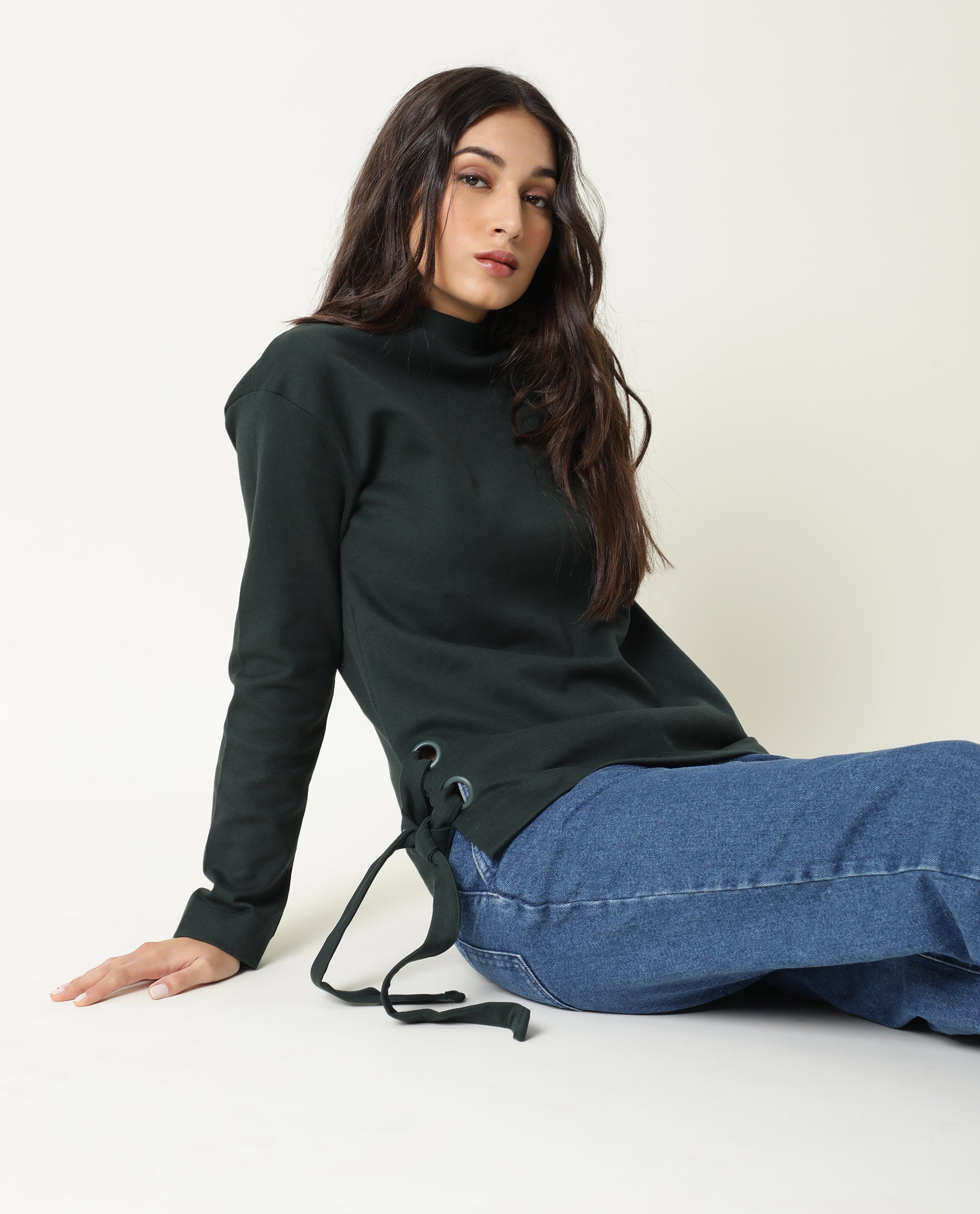 Rareism Women Ross Green Cotton Fabric Regular Fit Crew Neck Full Sleeves Solid Top